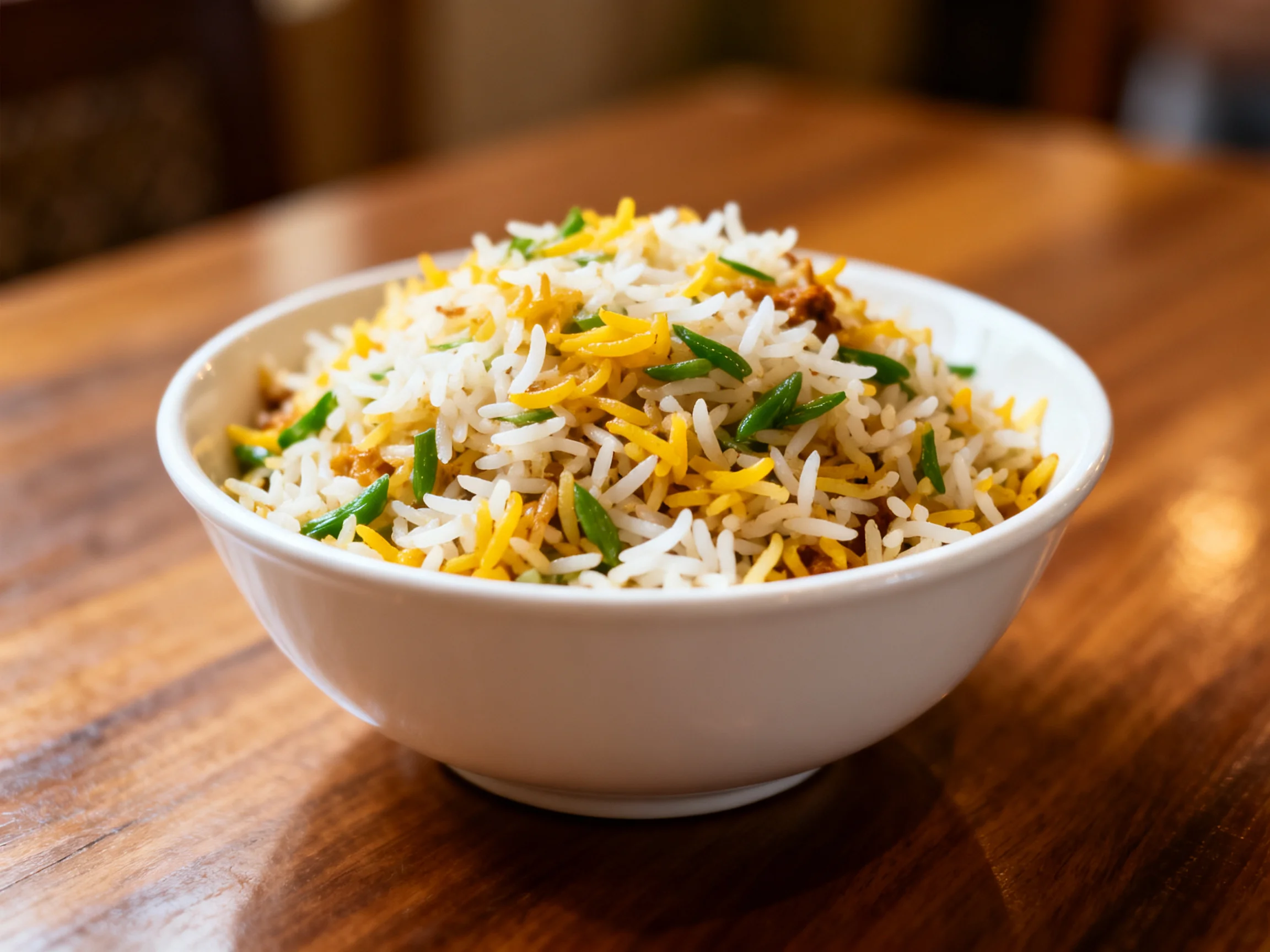 A white bowl holds saffron-colored mixed rice with green garnish