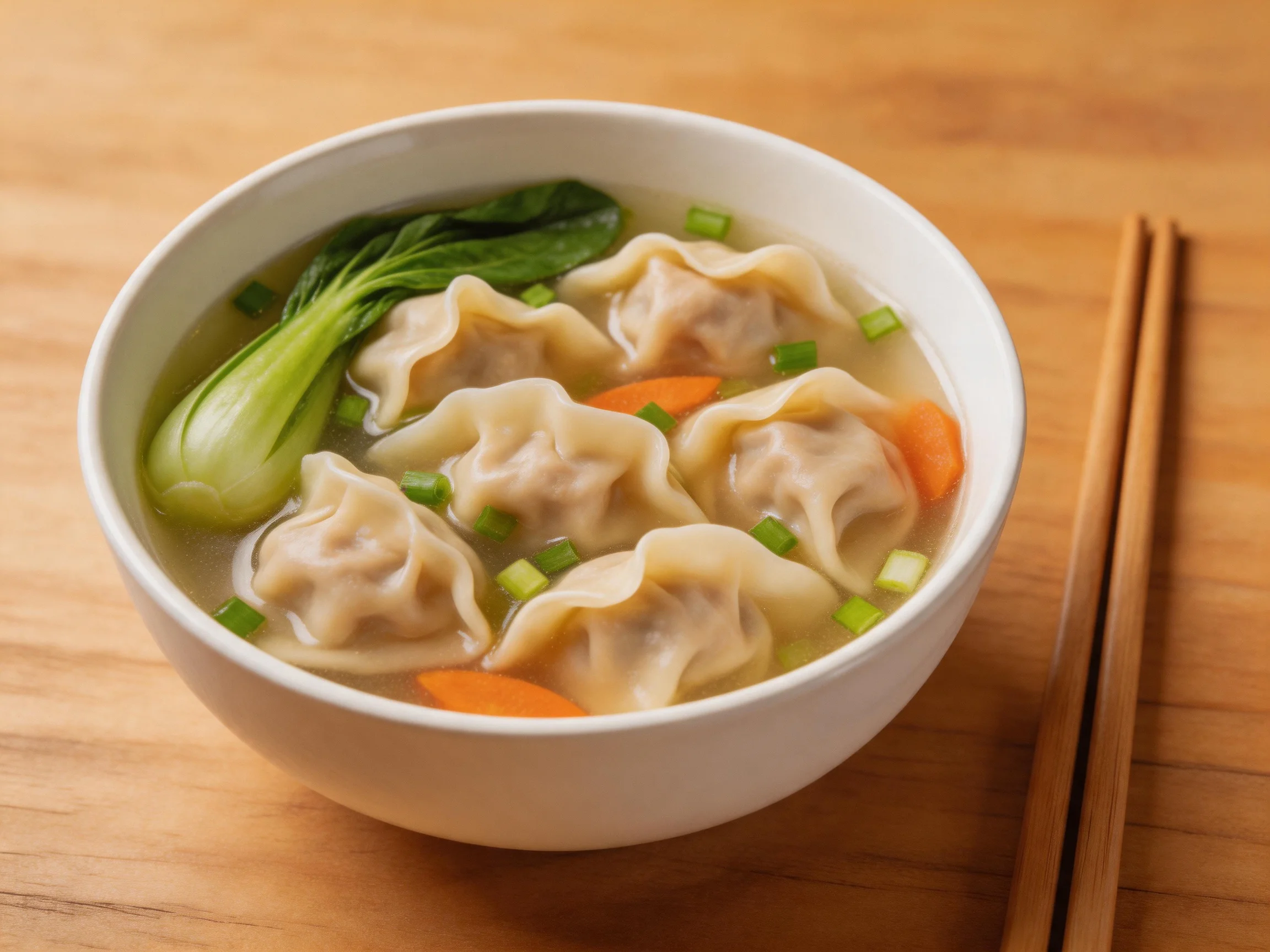 A white bowl holds six dumplings with bok choy and carrot slices