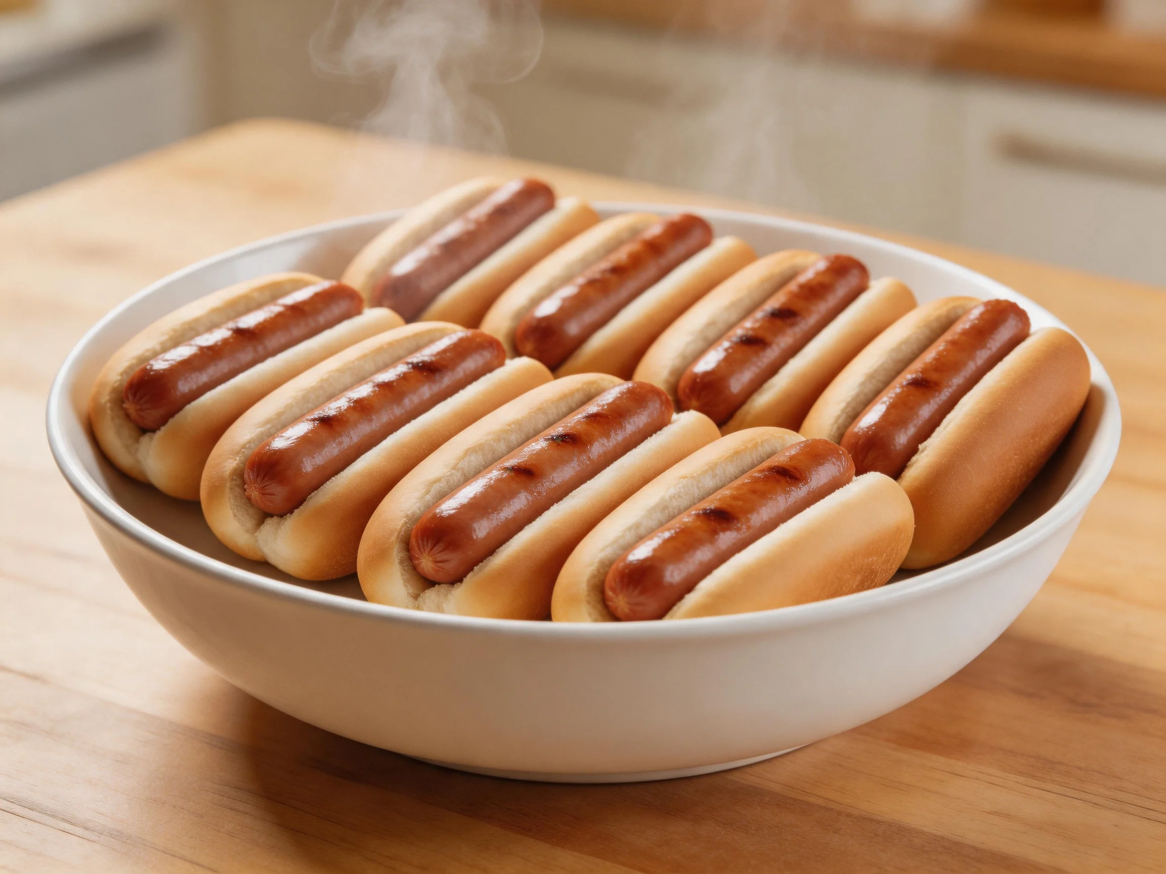 A white bowl holds ten grilled hot dogs with toasted buns