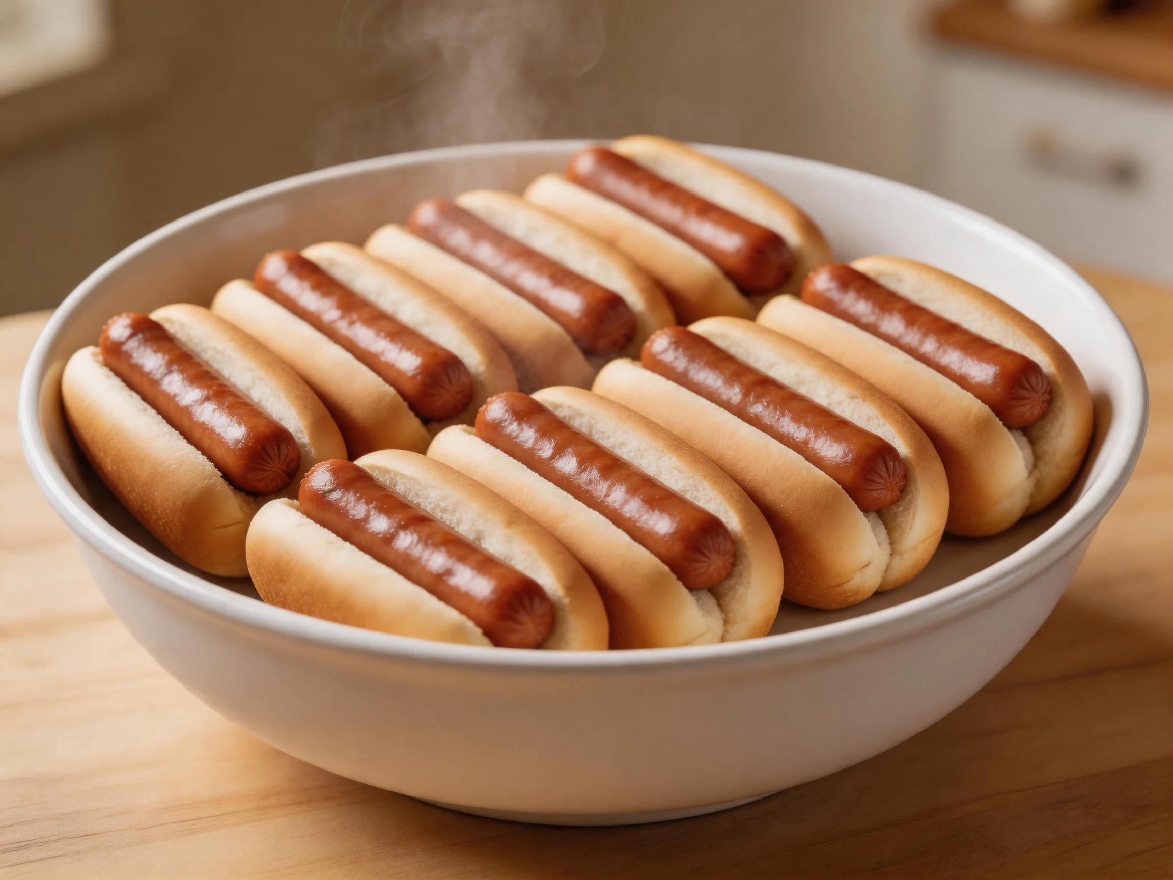 A white bowl holds twelve brown hot dogs with steam rising