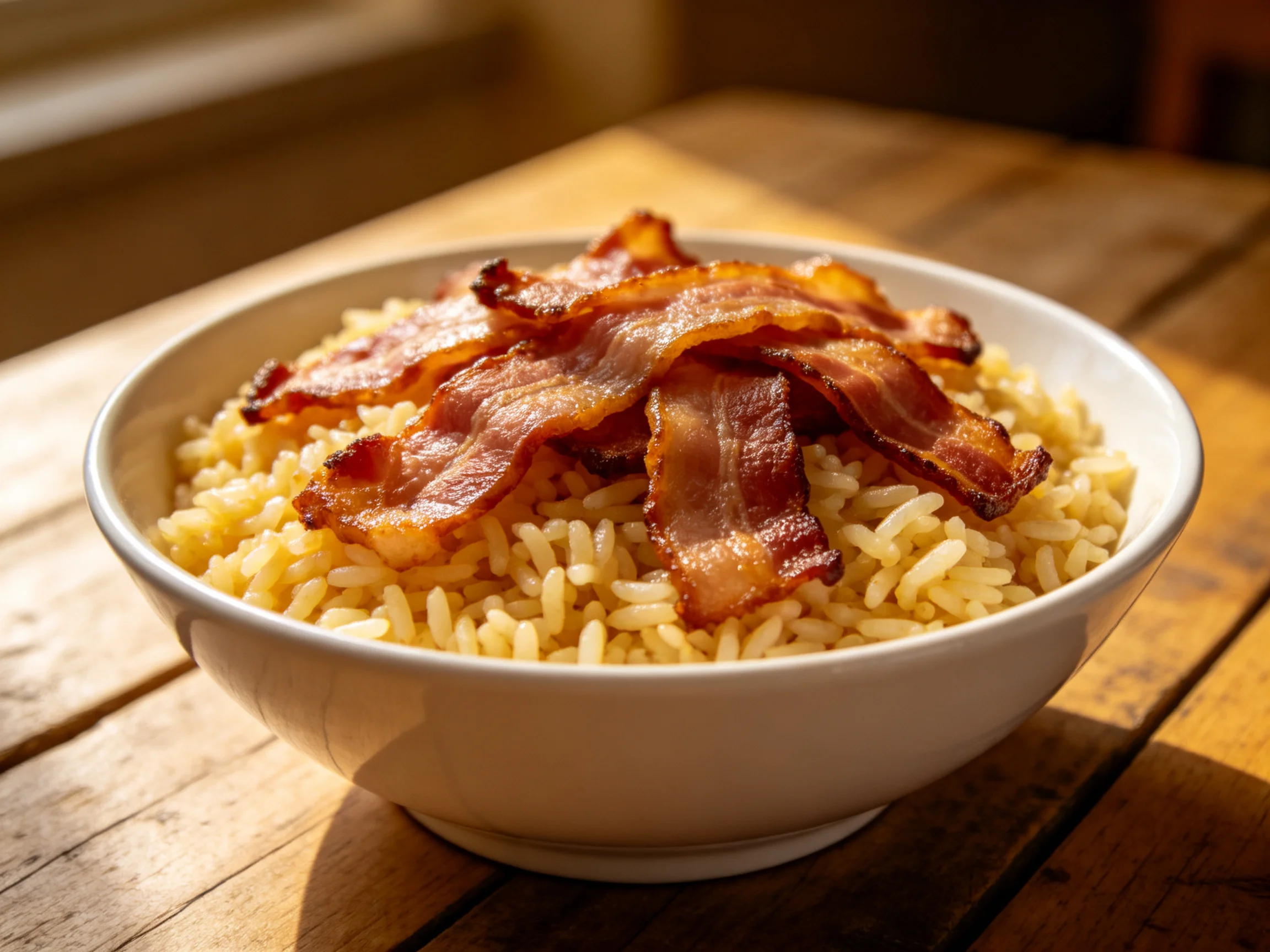 A white bowl of fluffy rice topped with crispy bacon slices