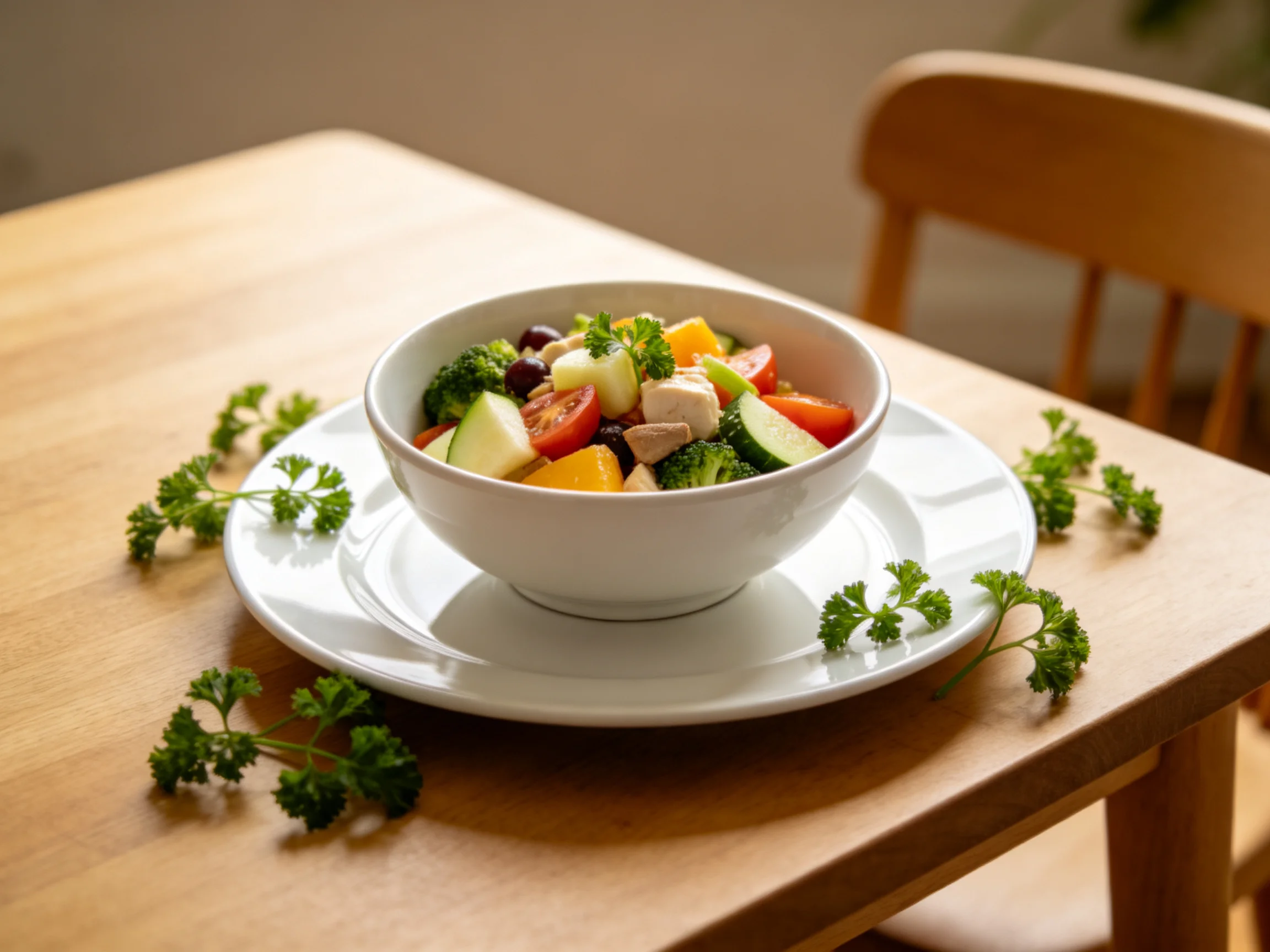 A white bowl of mixed vegetables on a wooden table with parsley garnish