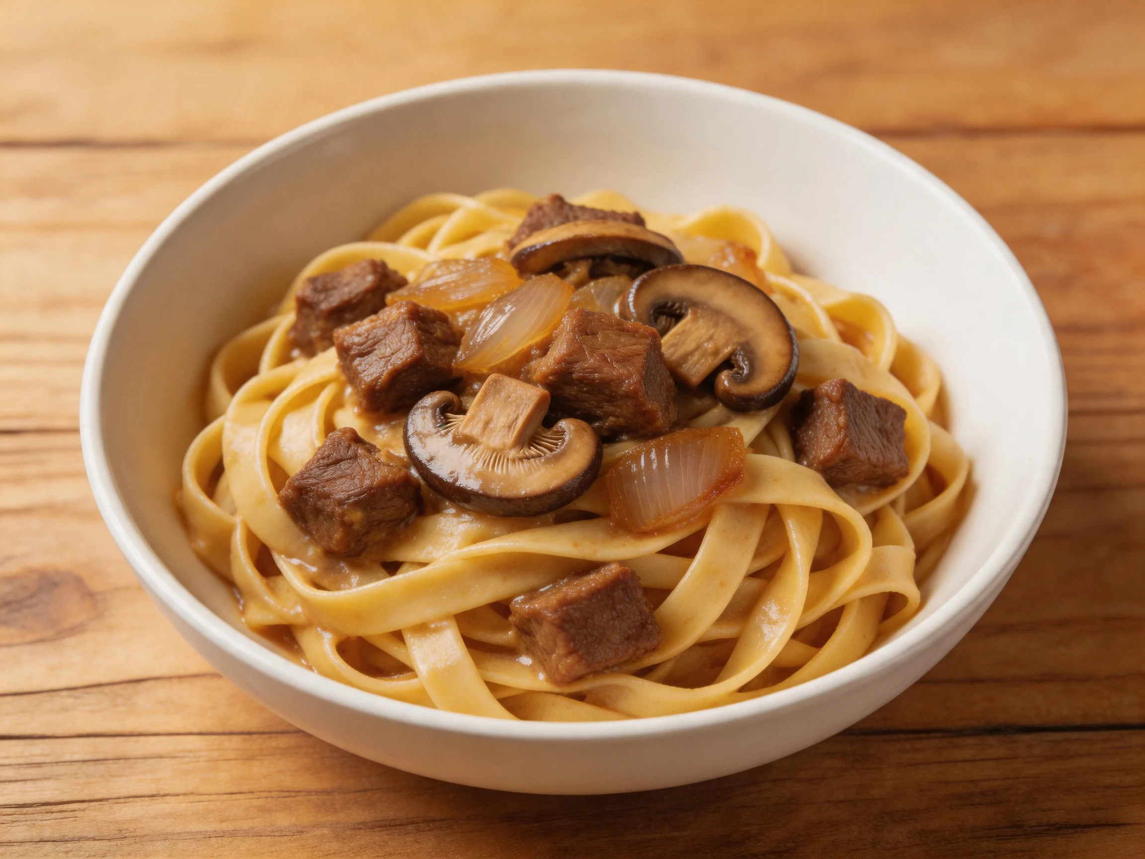A white bowl serves fettuccine with beef, mushrooms, and onions