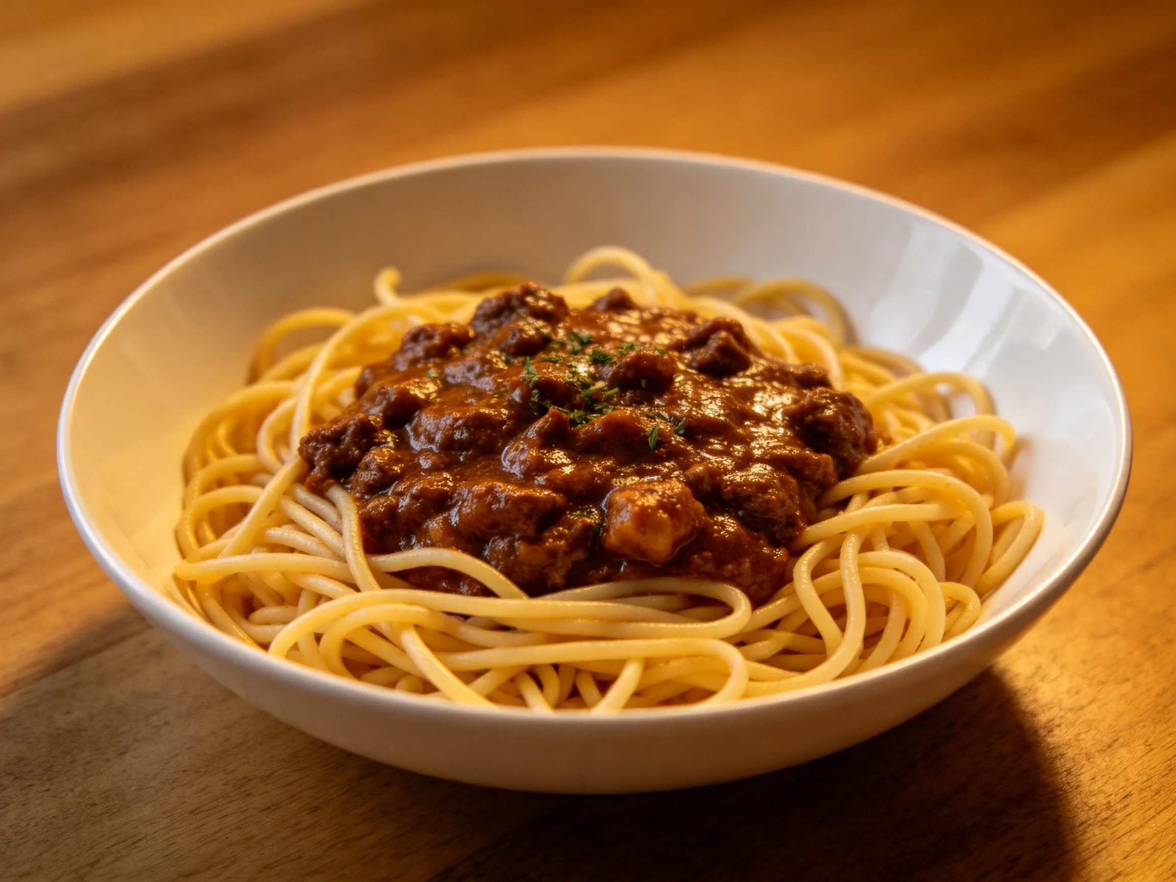 A white bowl serves spaghetti with hearty brown meat sauce