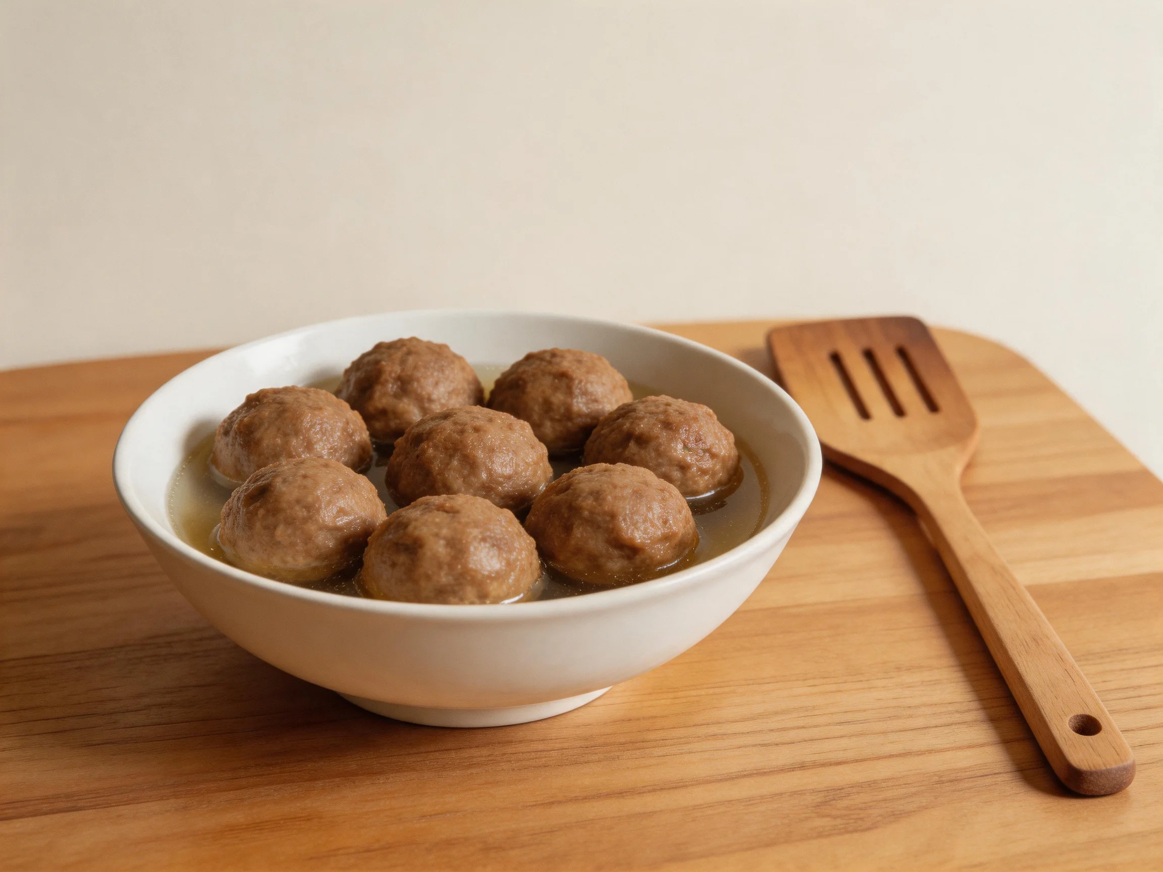 A white bowl with brown meatballs next to a wooden spatula