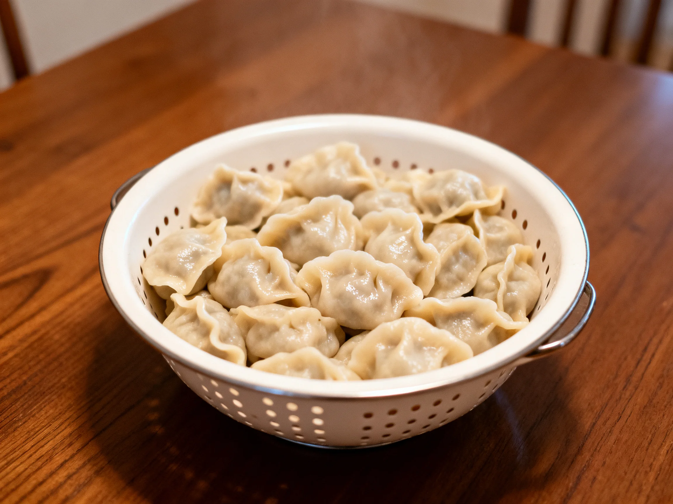 A white colander filled with plump dumplings sits on a wooden table
