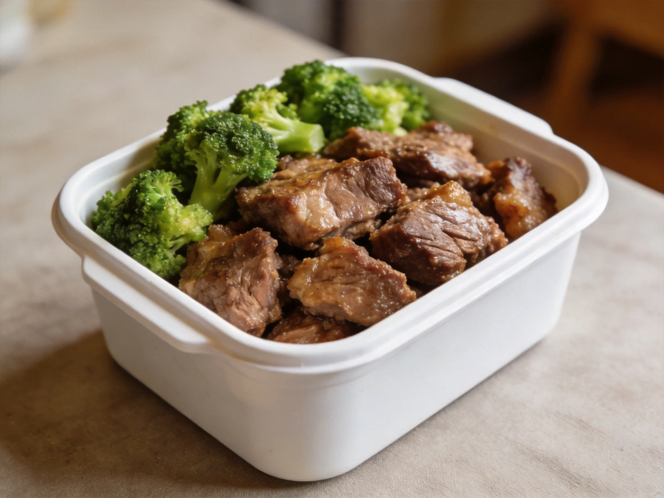 A white container holds brown beef chunks and green broccoli