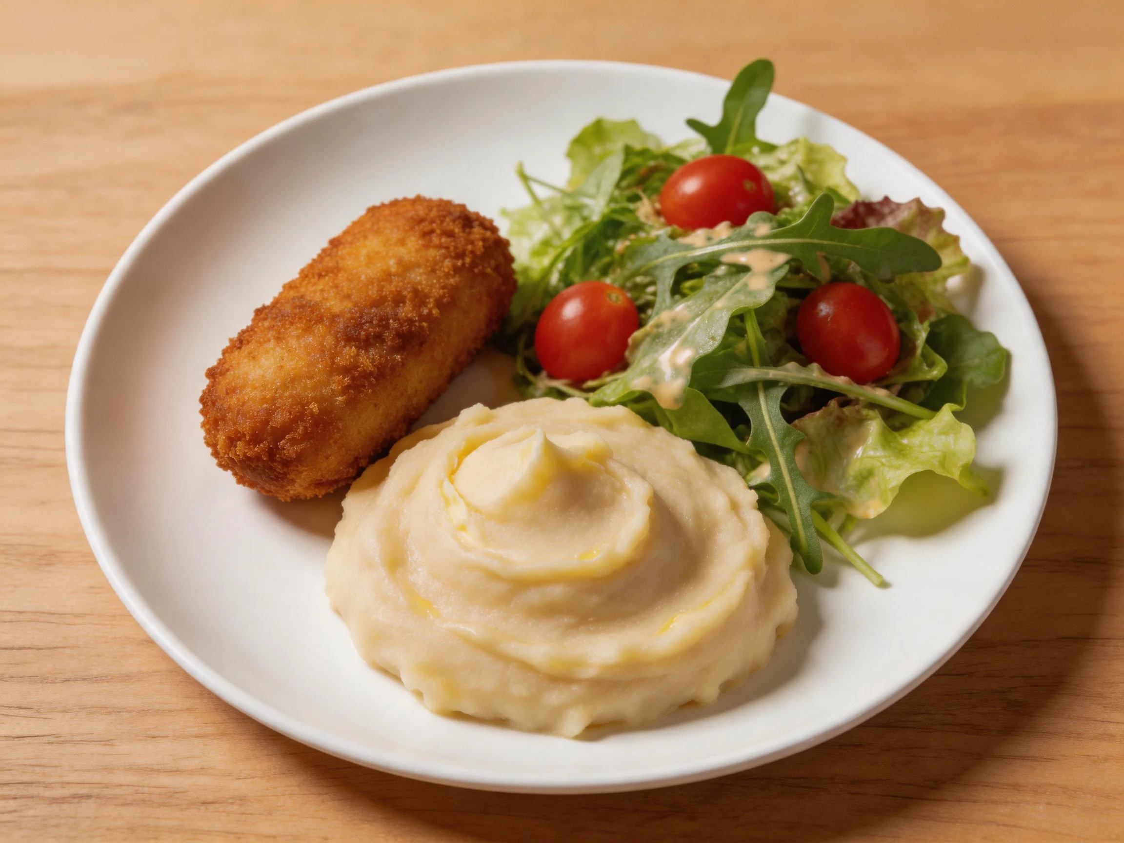 A white plate holds a golden-brown croquette, creamy mash, and mixed green salad