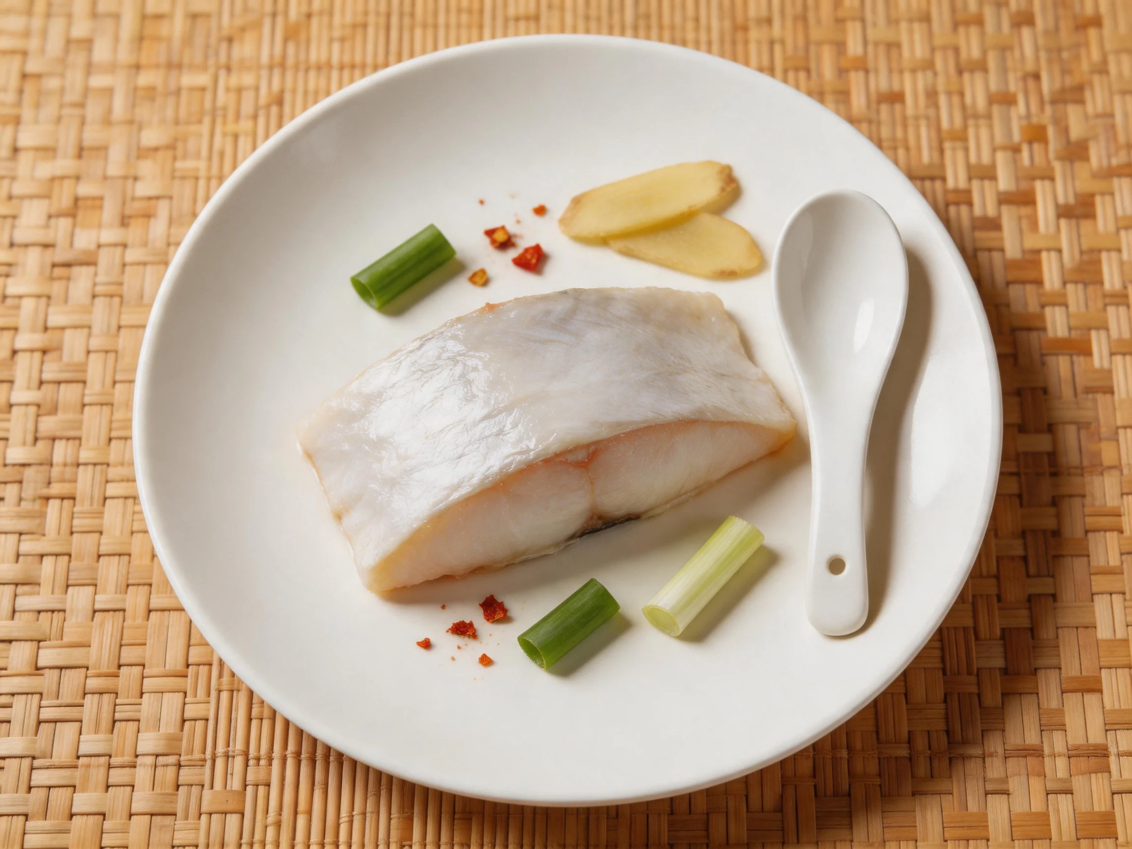 A white plate holds a raw fish fillet with green onions, ginger, and chili flakes