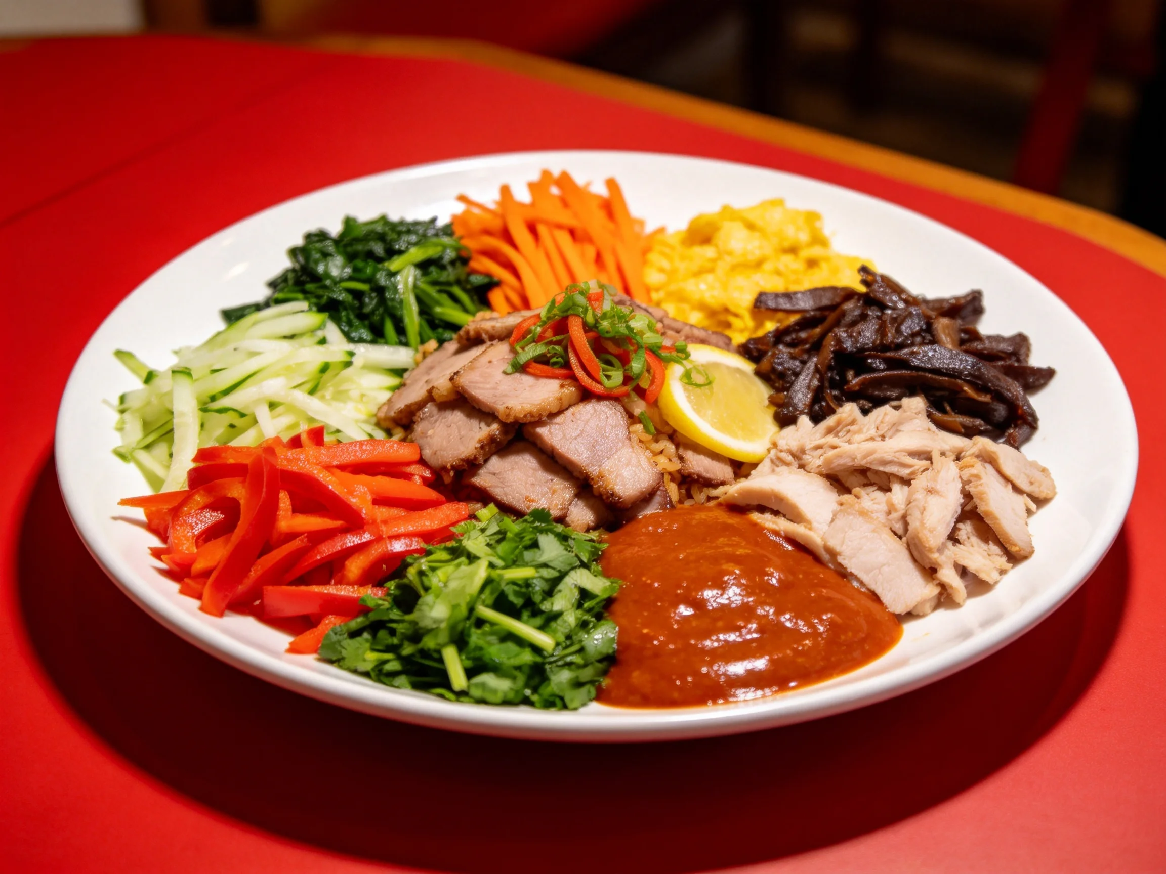A white plate holds assorted meats, vegetables, and sauces with vibrant colors