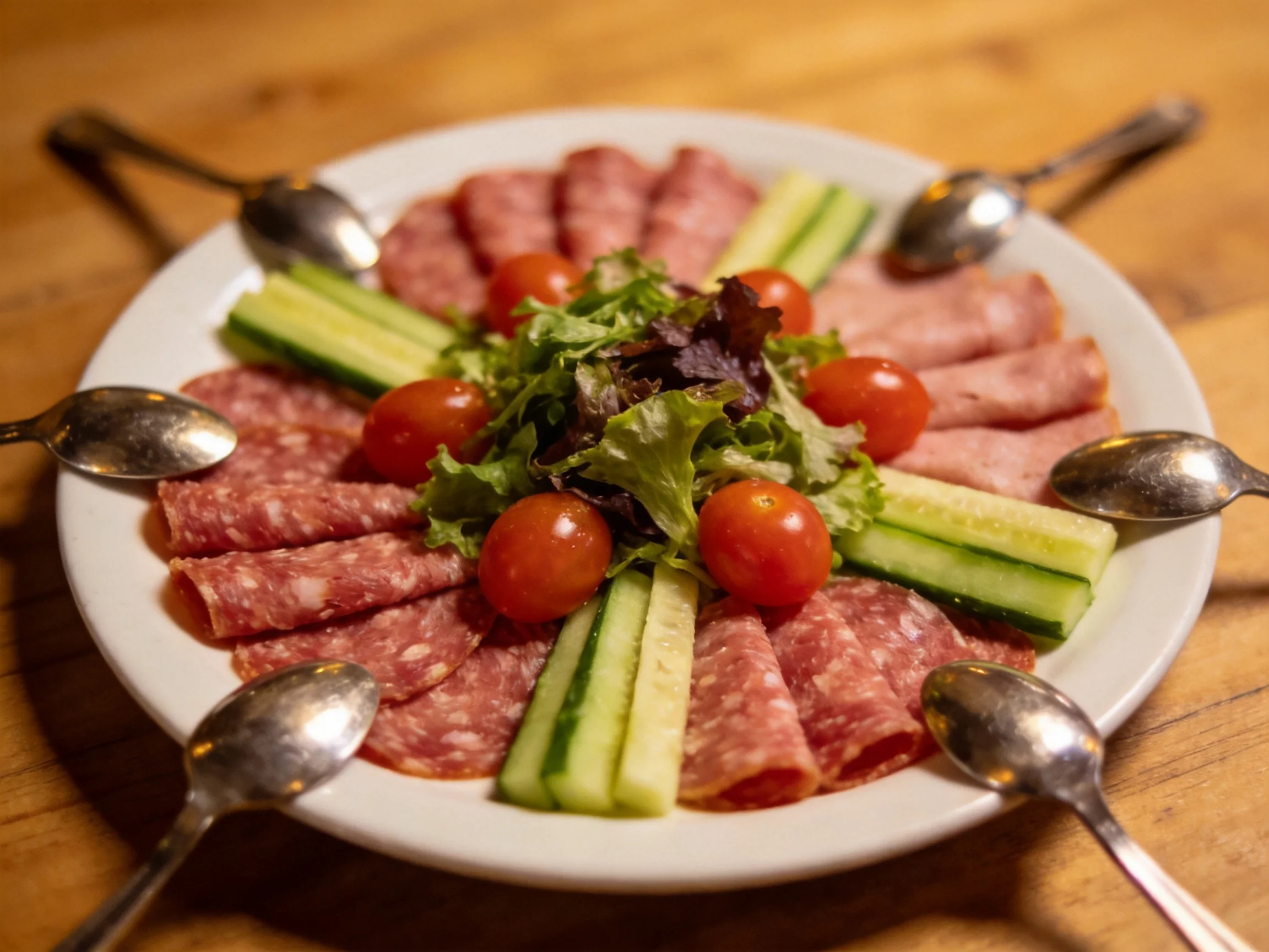 A white plate holds assorted sliced meats, veggies, and silver spoons