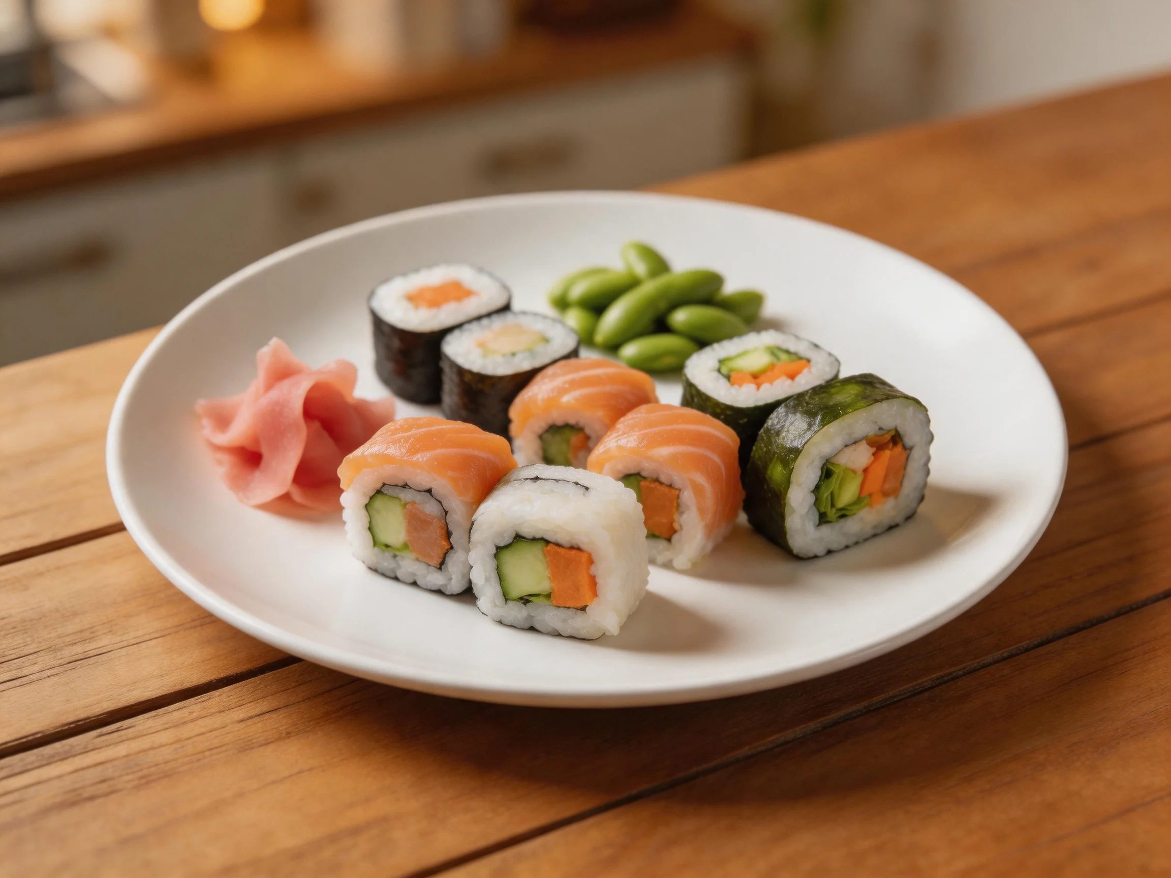 A white plate holds assorted sushi rolls, edamame, and pickled ginger