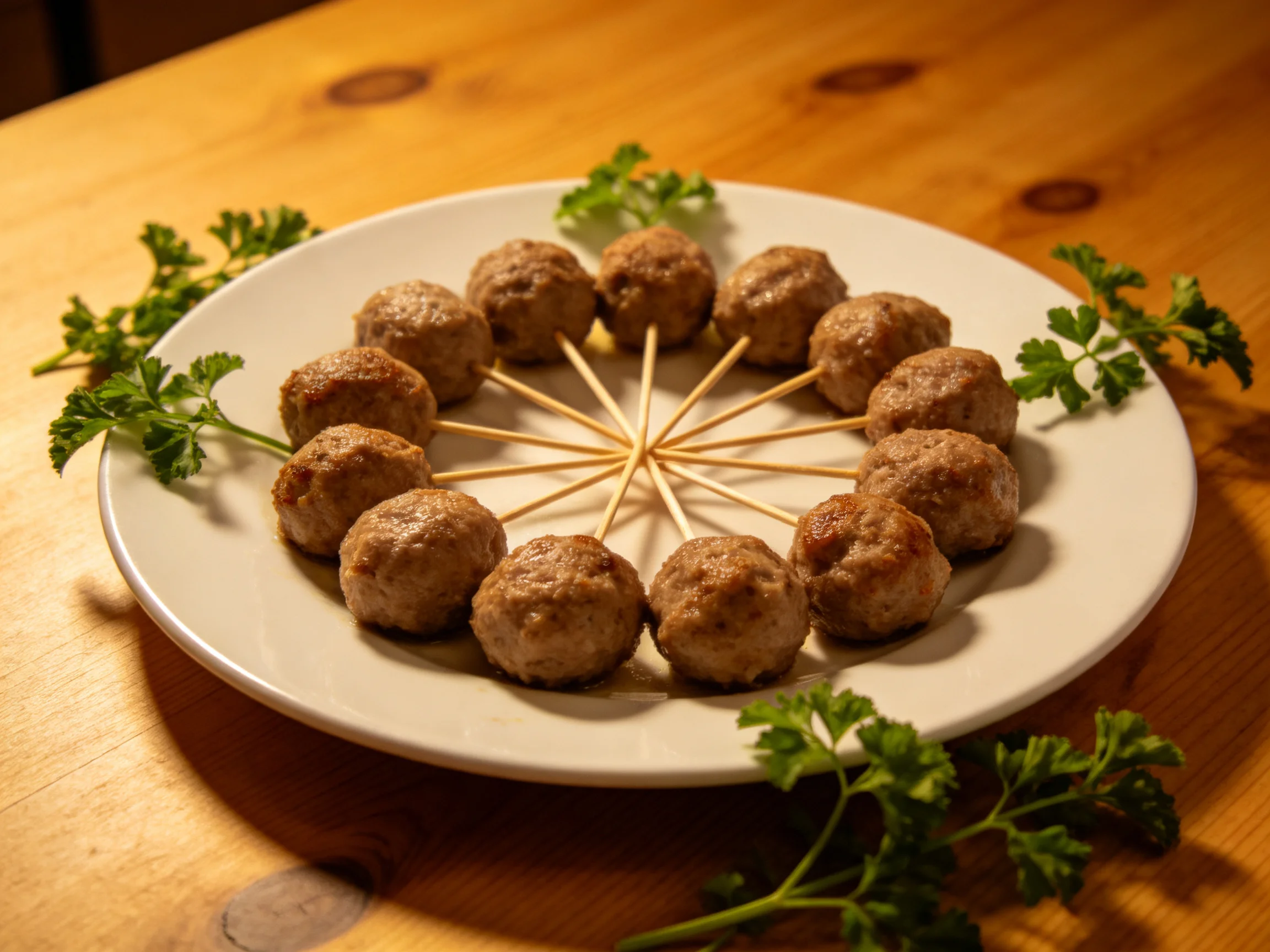 A white plate holds brown meatballs arranged with toothpicks, garnished with parsley
