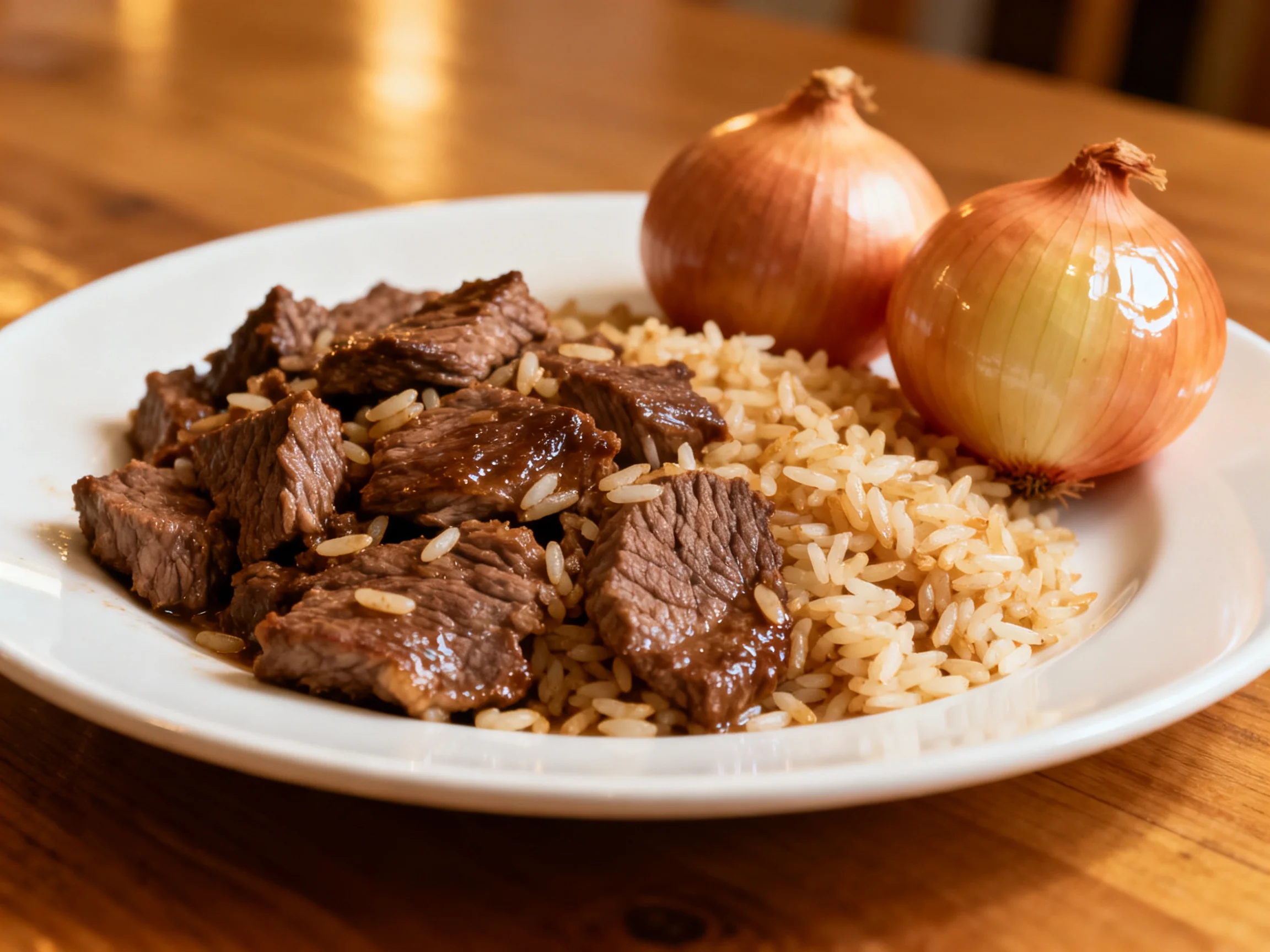 A white plate holds browned beef, rice, and two golden onions