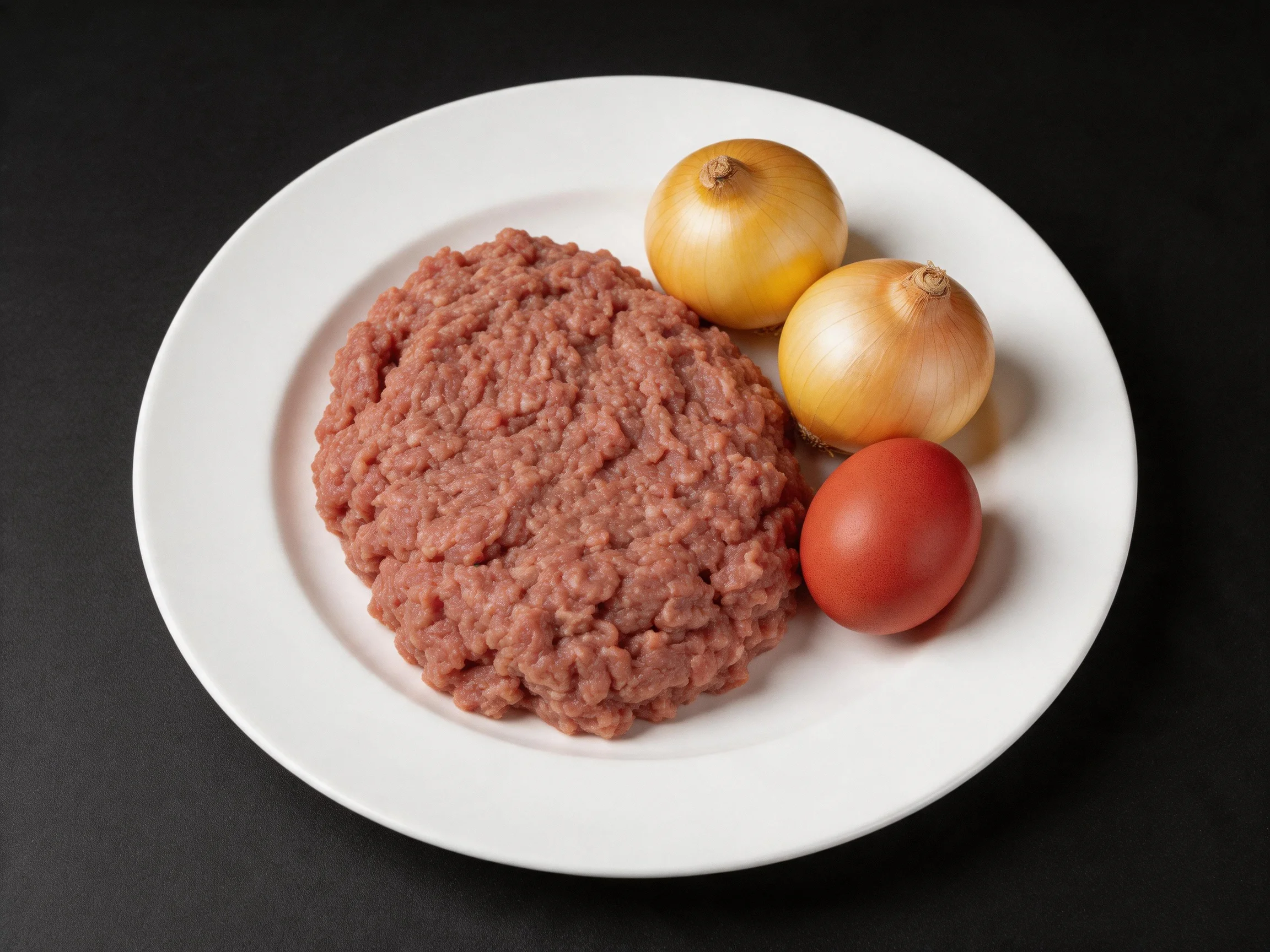 A white plate holds ground beef, two golden onions, and a red tomato