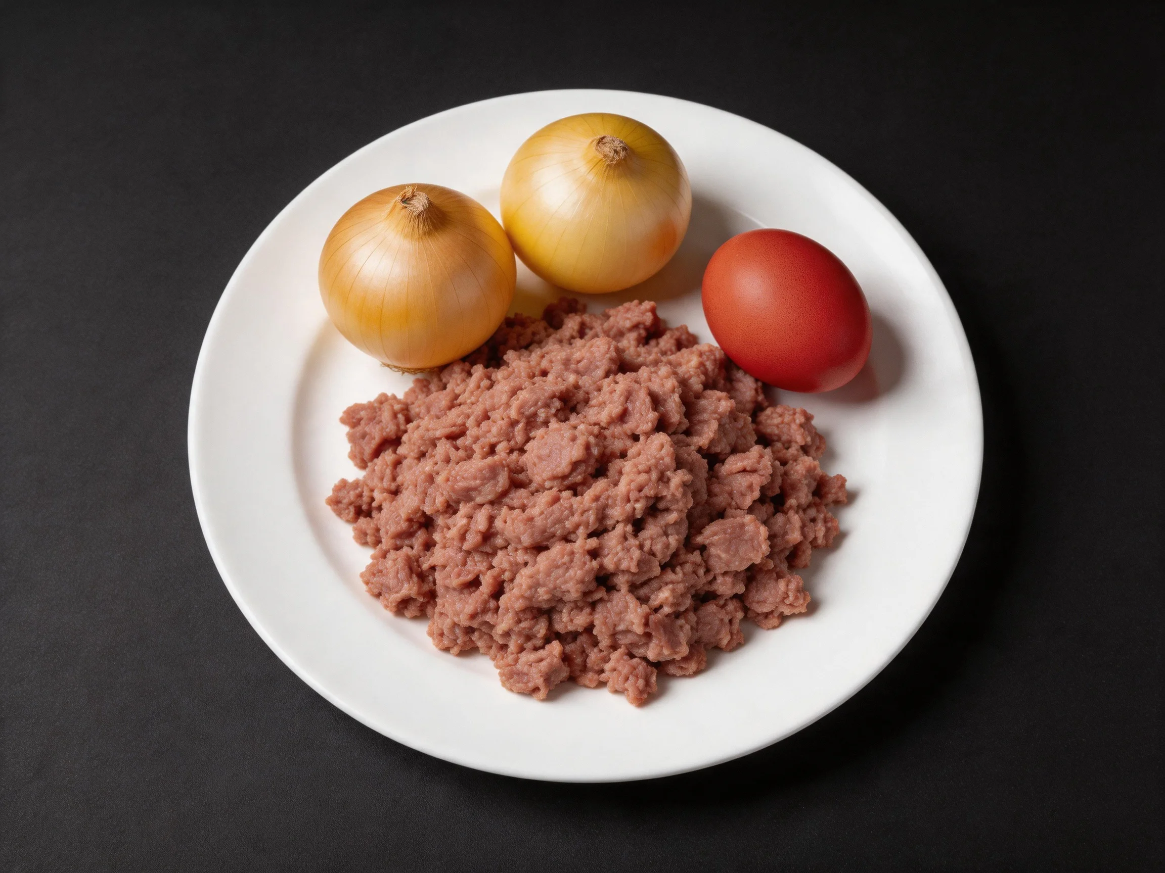 A white plate holds ground meat, two golden onions, and a red tomato.