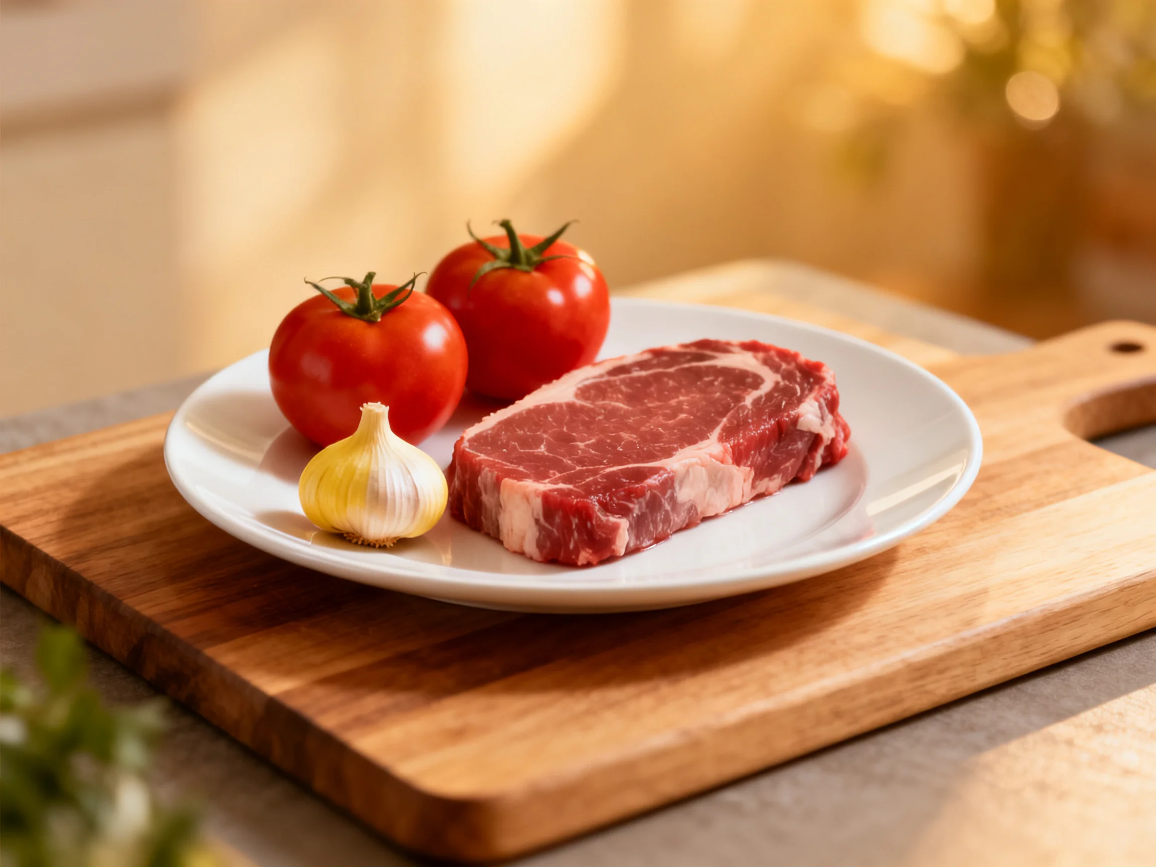 A white plate holds raw marbled meat, two bright red tomatoes, and a single garlic clove on a wooden 
