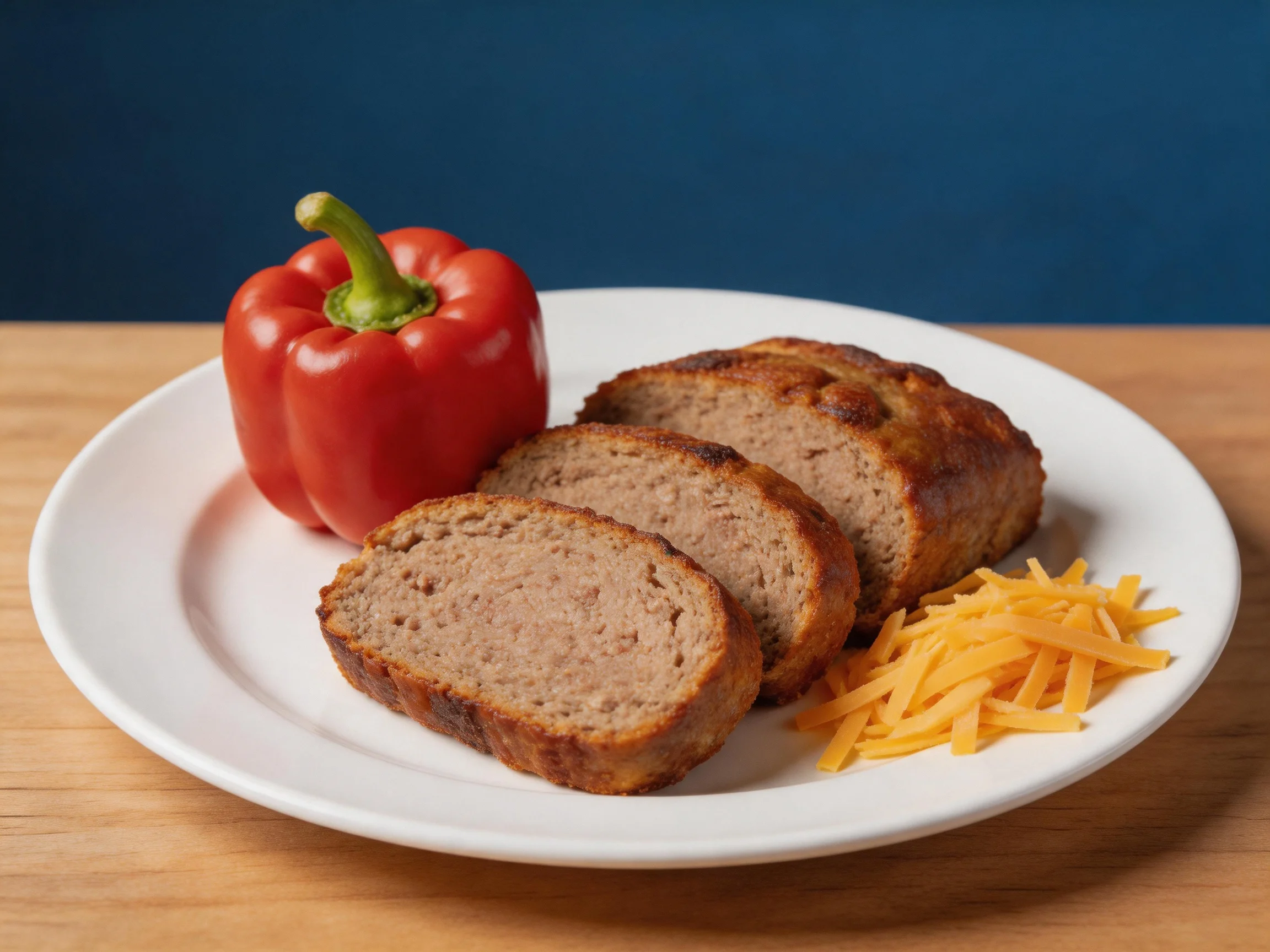 A white plate holds sliced meatloaf, a red bell pepper, and shredded cheese