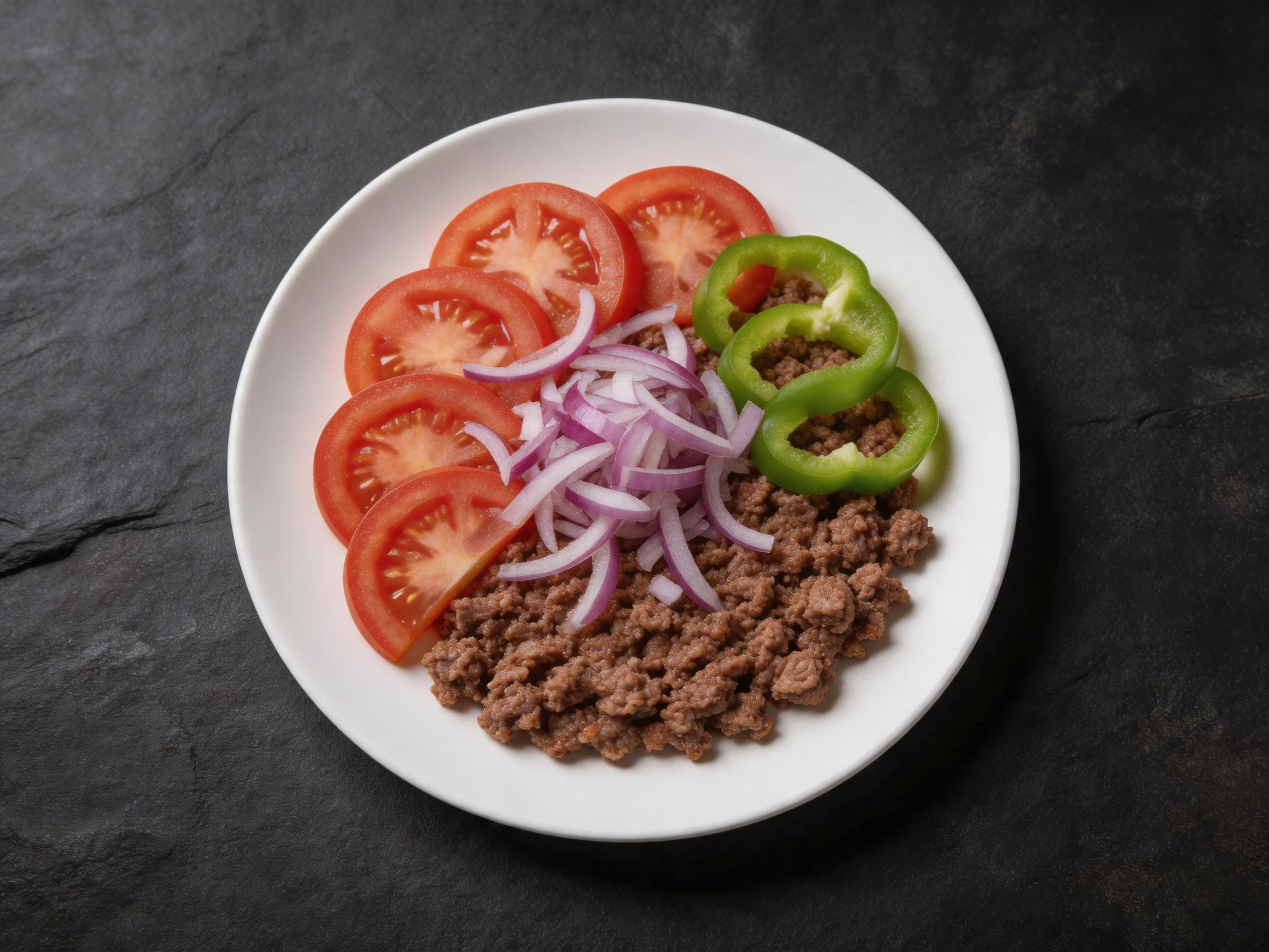 A white plate holds sliced tomatoes, red onions, green peppers, and cooked ground meat