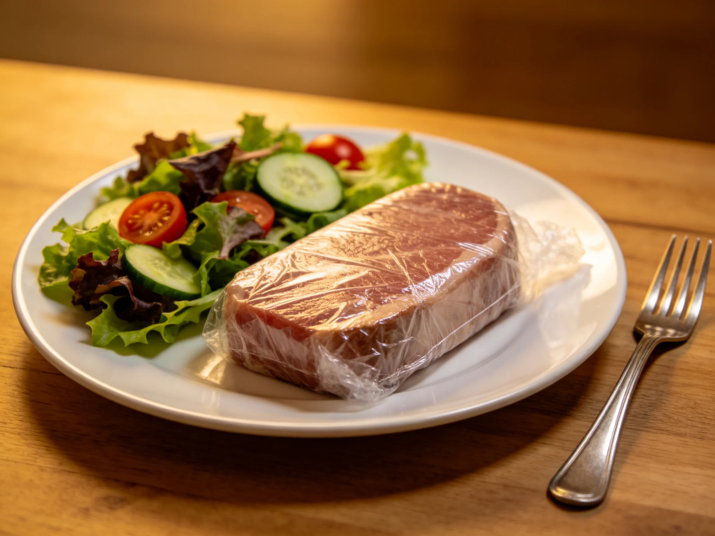 A white plate holds wrapped meat, mixed greens, and a fork on a wooden surface