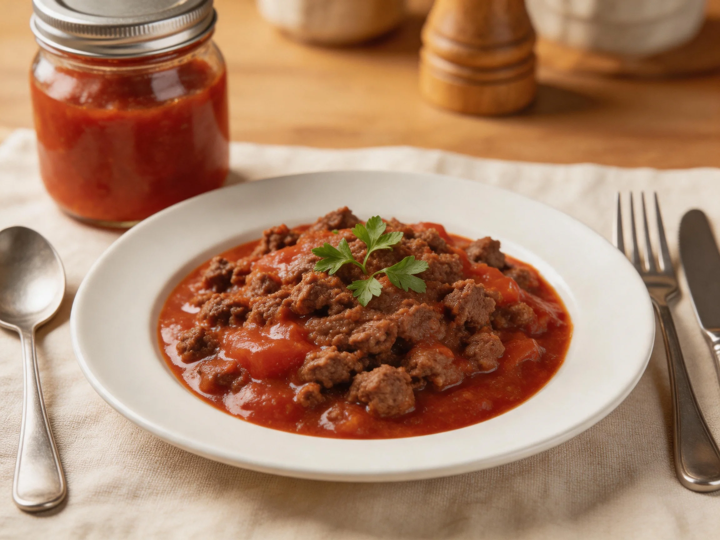A white plate of savory ground beef stew in tomato sauce