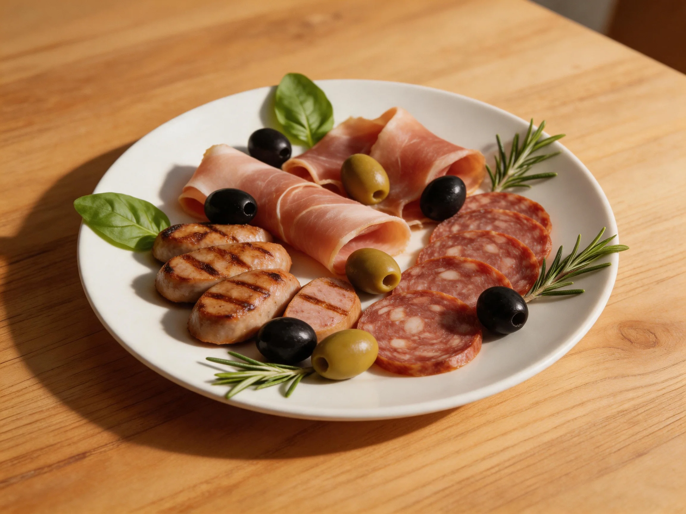 A white plate offers assorted cured meats, grilled sausage, olives, and fresh herbs