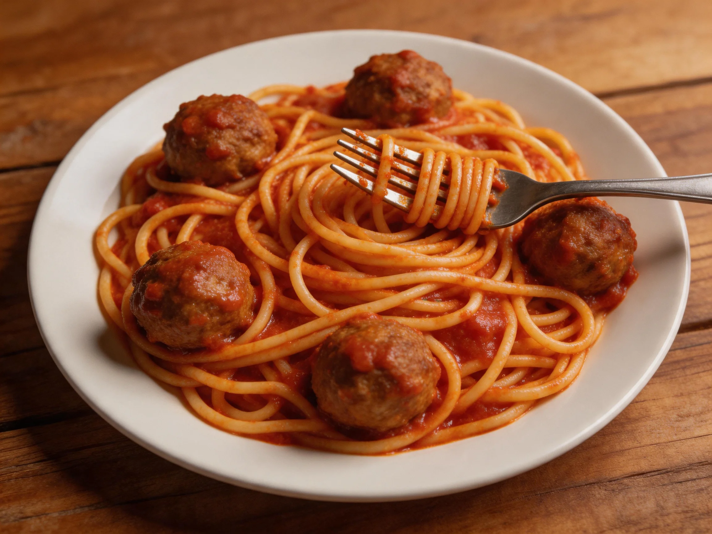 A white plate presents spaghetti and meatballs with red sauce