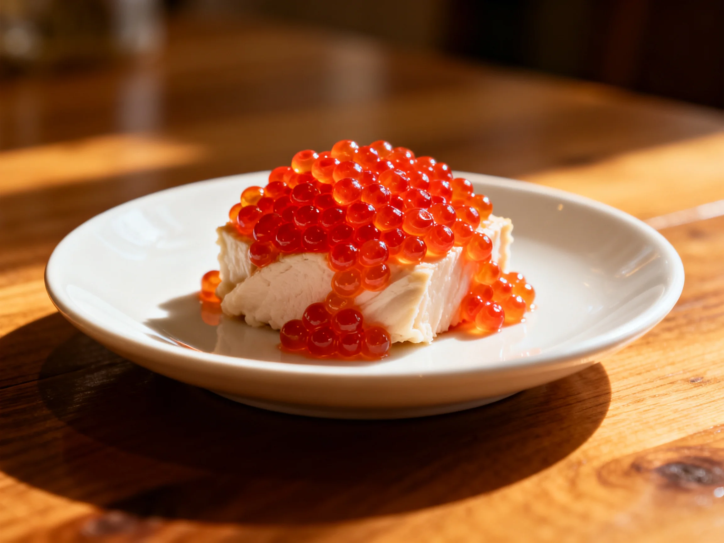 A white plate serves white fish topped with bright red caviar