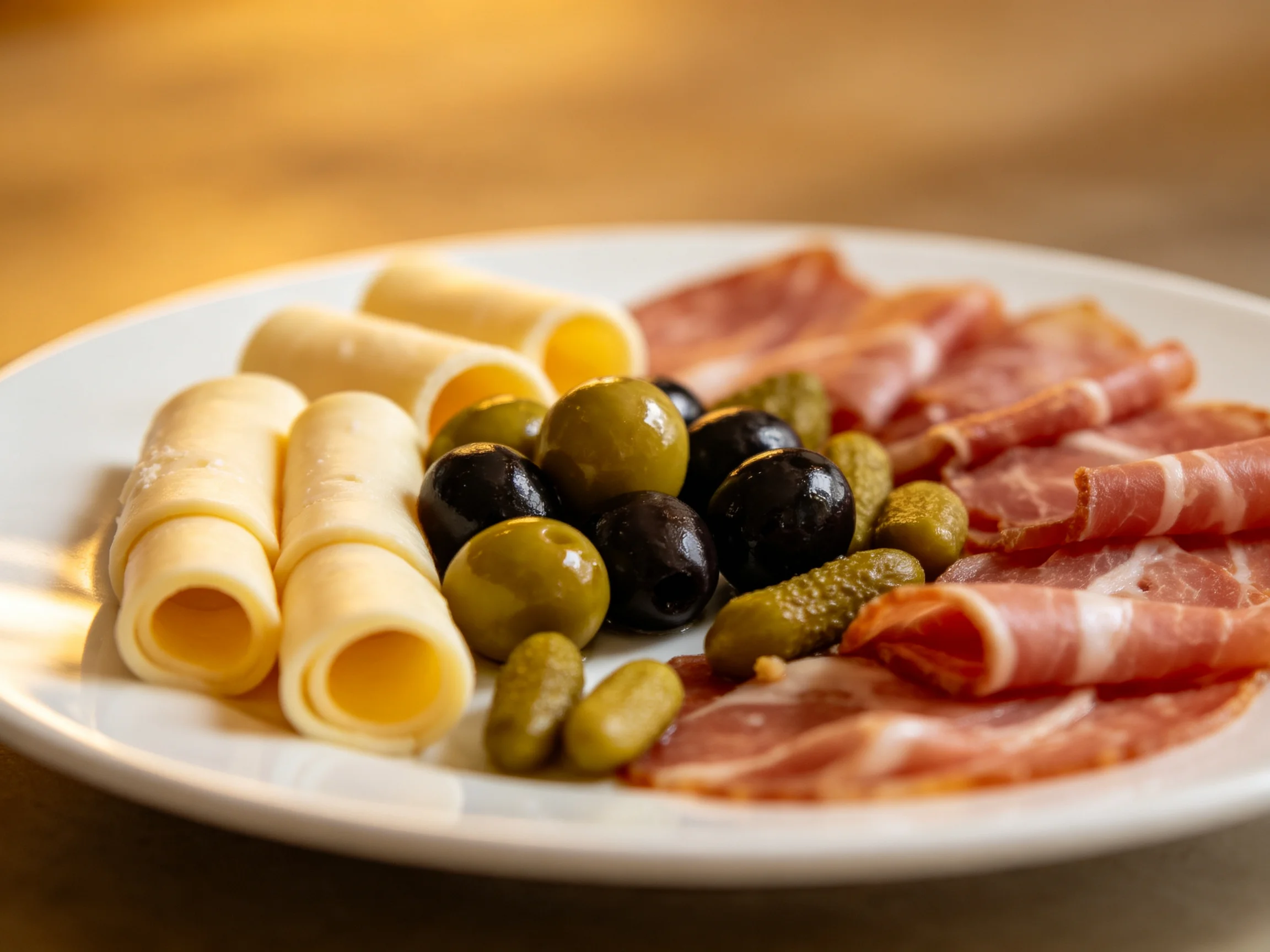 A white plate showcases sliced prosciutto, cheese rolls, green and black olives, and pickles