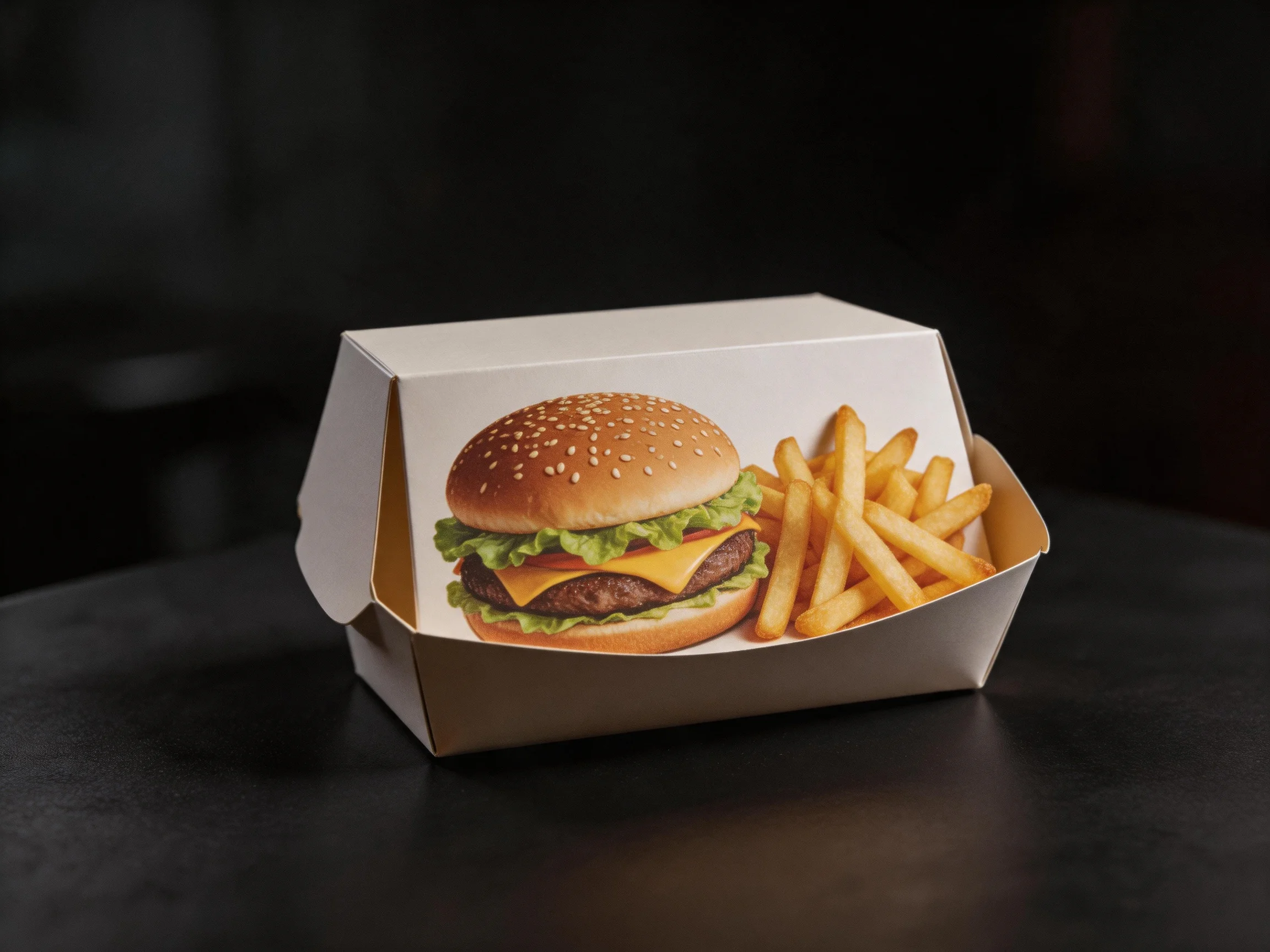 A white takeout container holds a cheeseburger illustration and fries