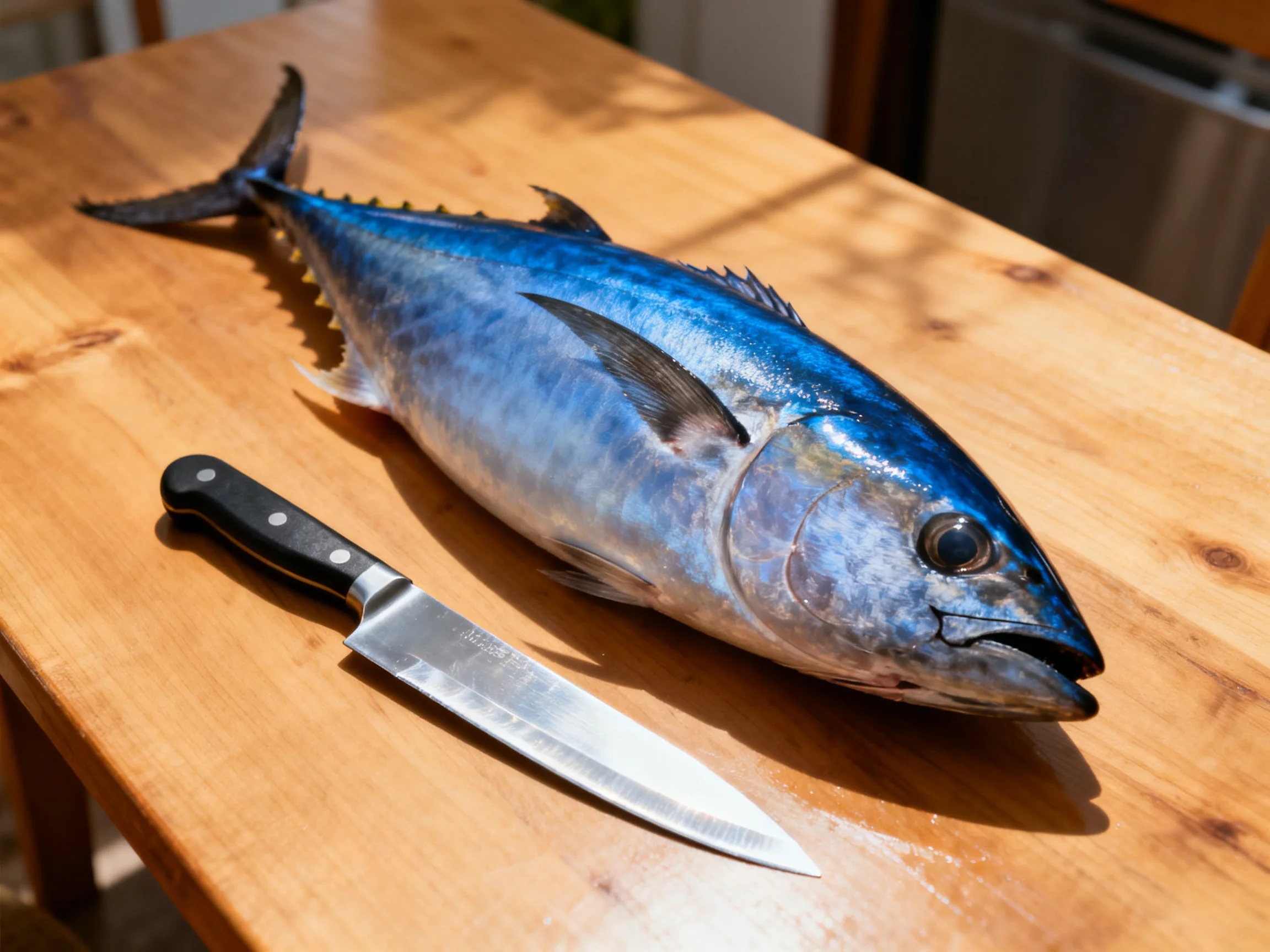 A whole blue tuna fish rests beside a chefs knife on a wooden table