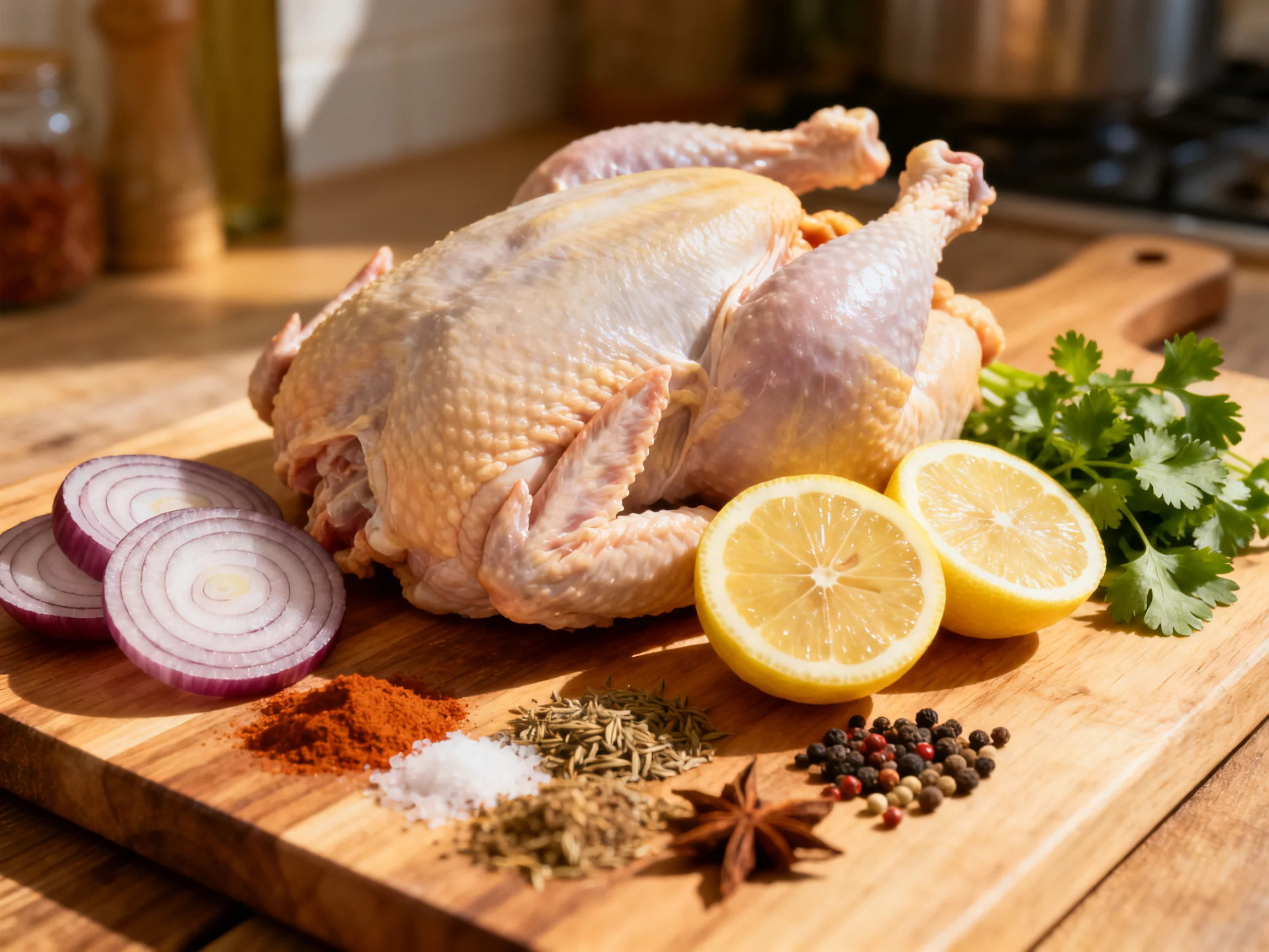 A whole raw chicken with sliced red onions, lemon halves, and assorted spices