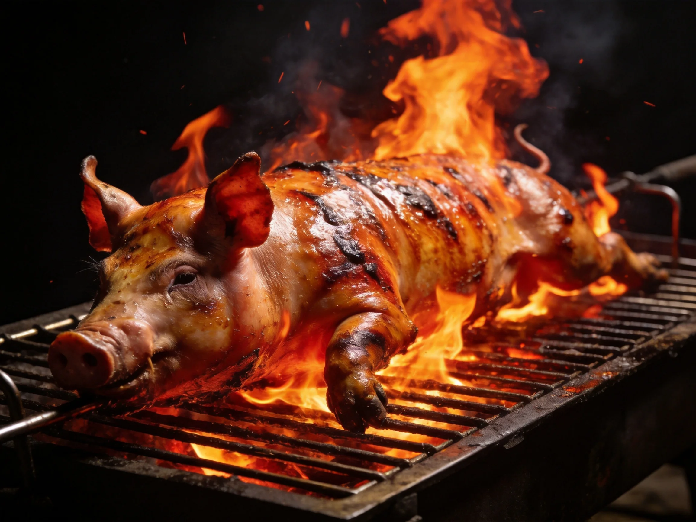 A whole roasted pig grills over bright orange flames on a metal rack