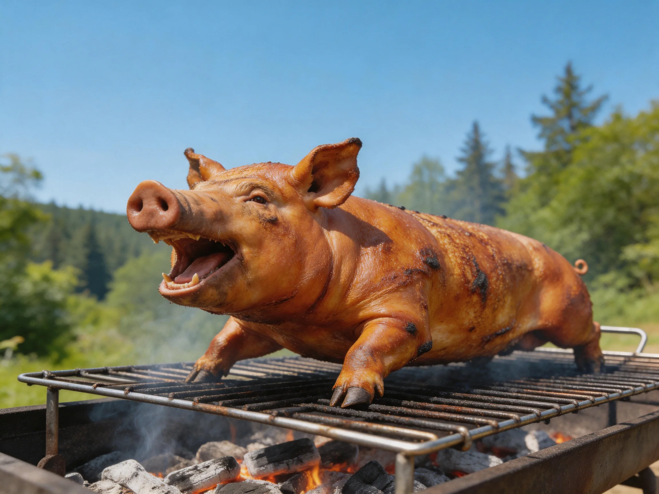 A whole roasted pig grills over charcoal in a sunny wooded area