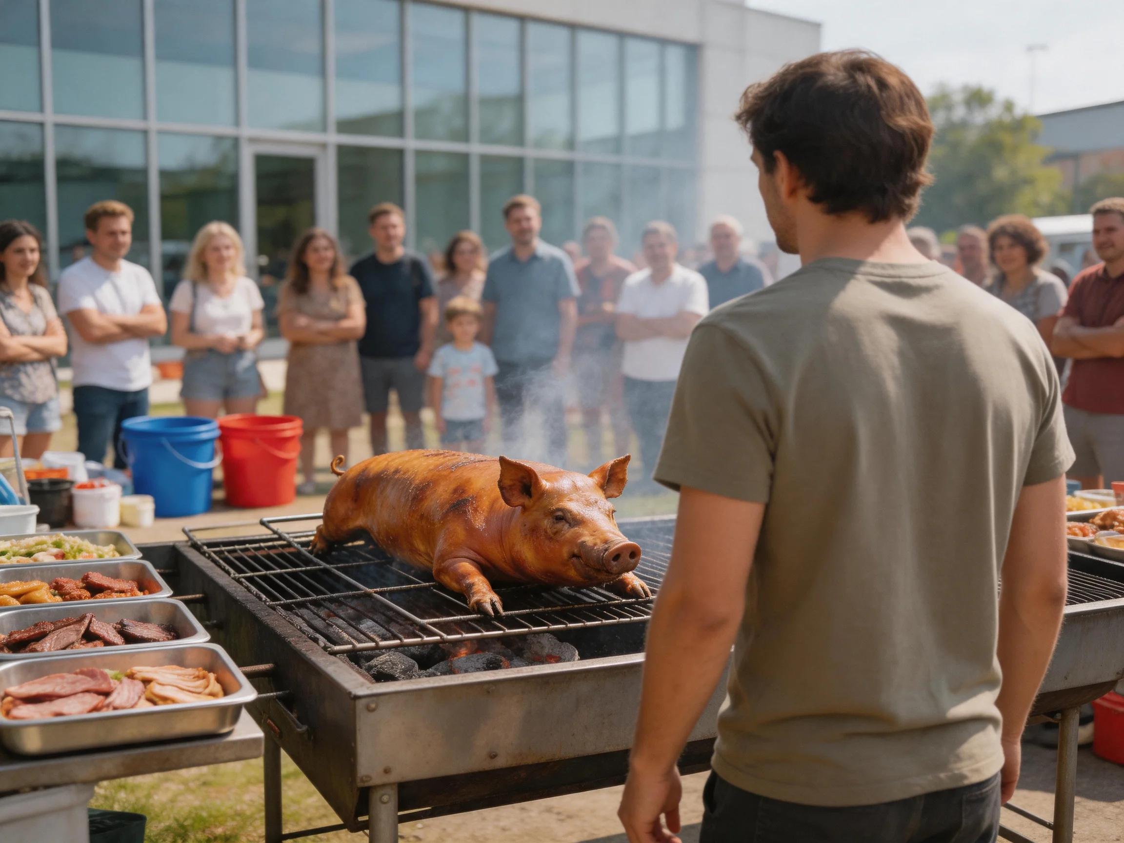 A whole roasted pig grills over coals near a crowd of onlookers