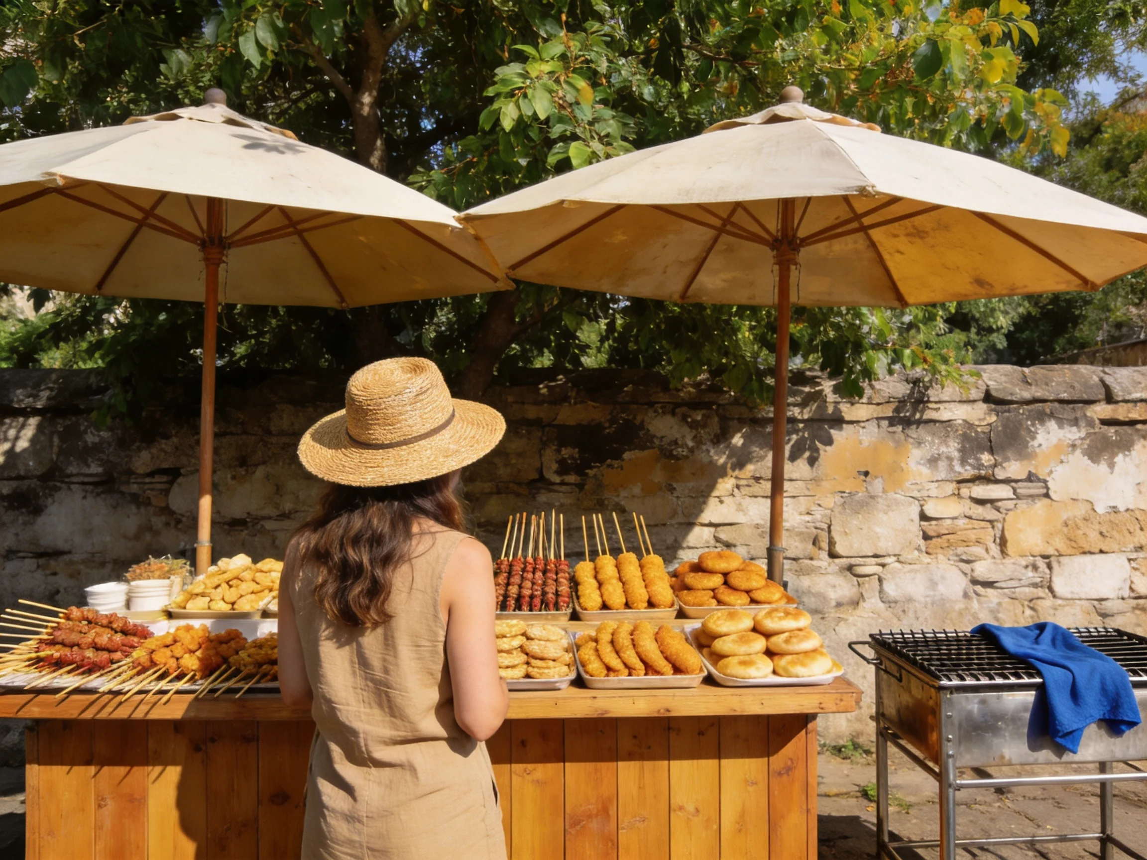 A woman browses an outdoor food stall with two large umbrellas