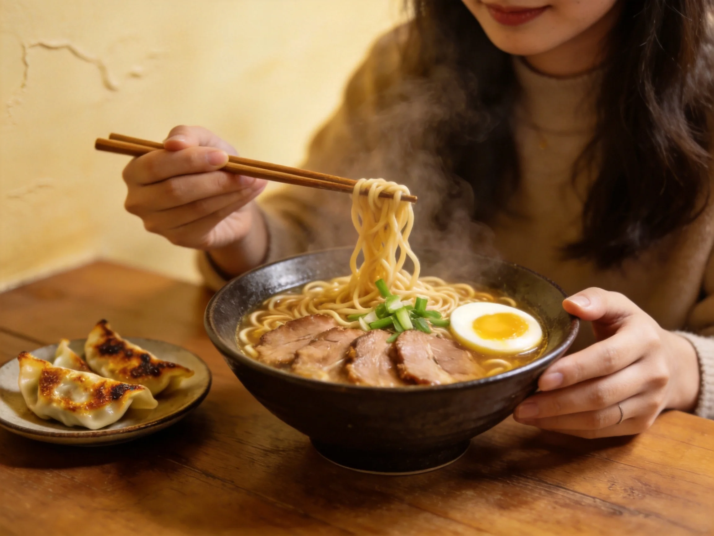 A woman enjoys steaming ramen with pork, egg, and dumplings at a wooden table
