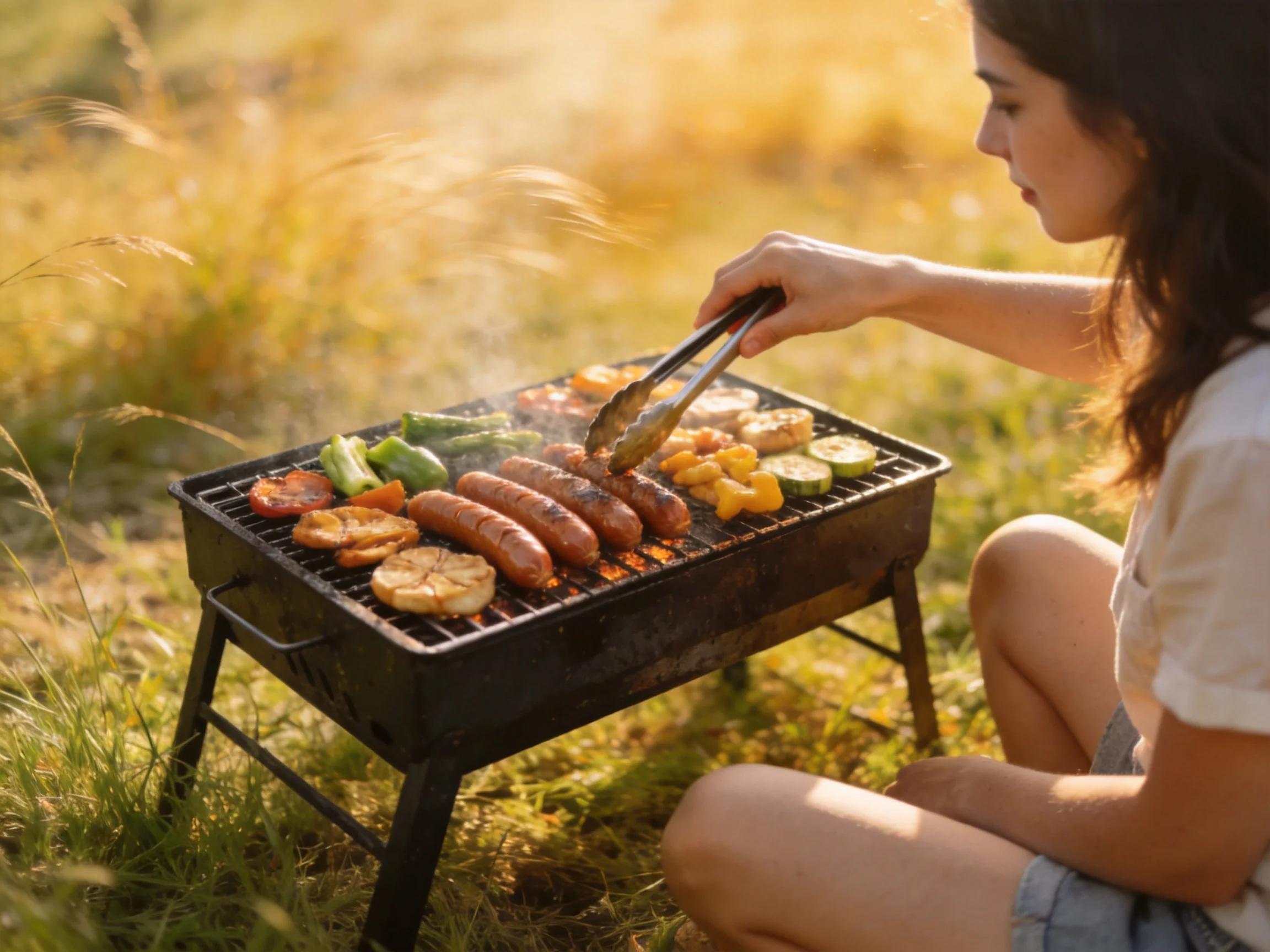 A woman grills assorted meats and veggies on a small charcoal grill in golden grass