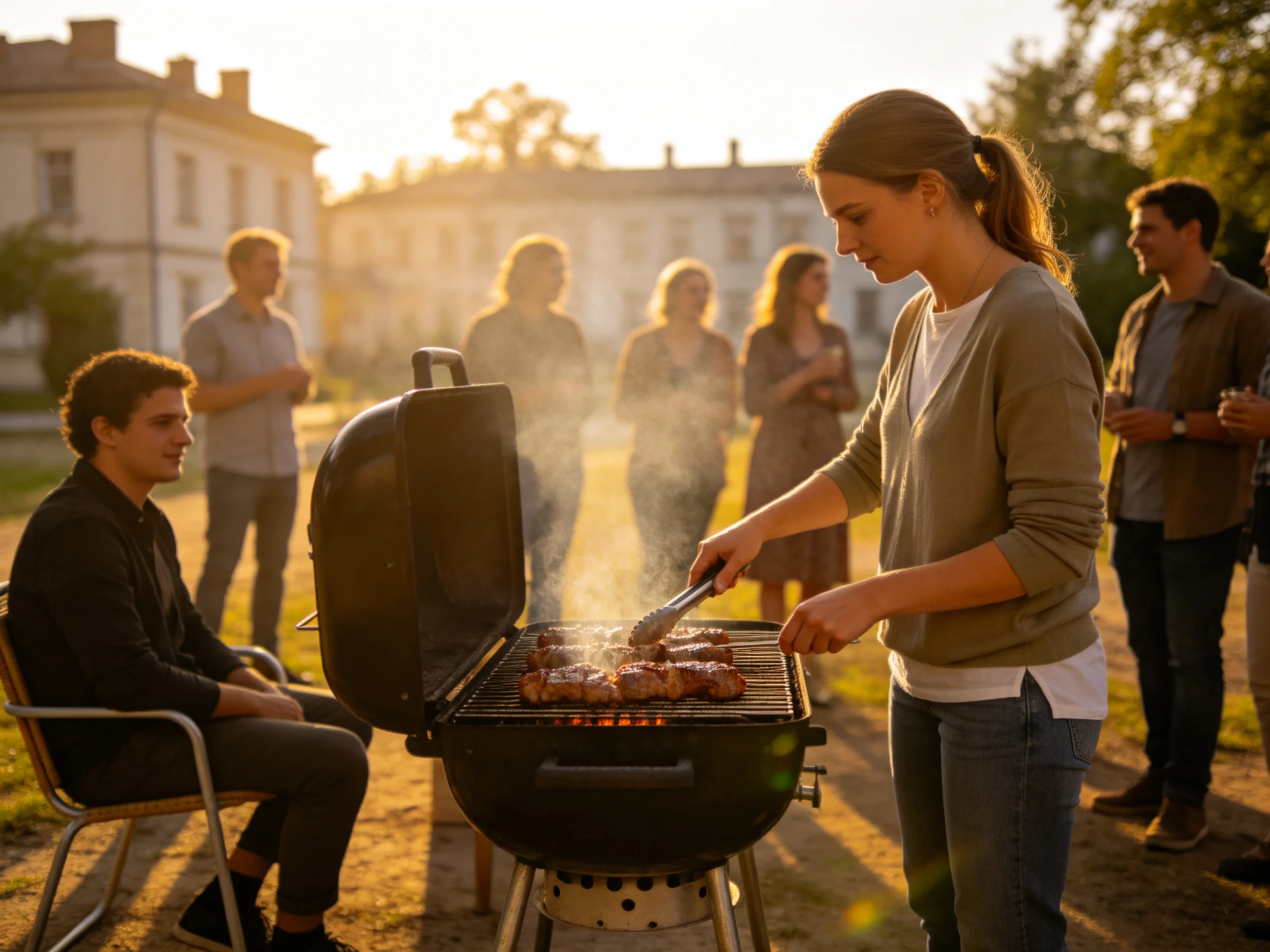 A woman grills meat near friends in golden sunlight
