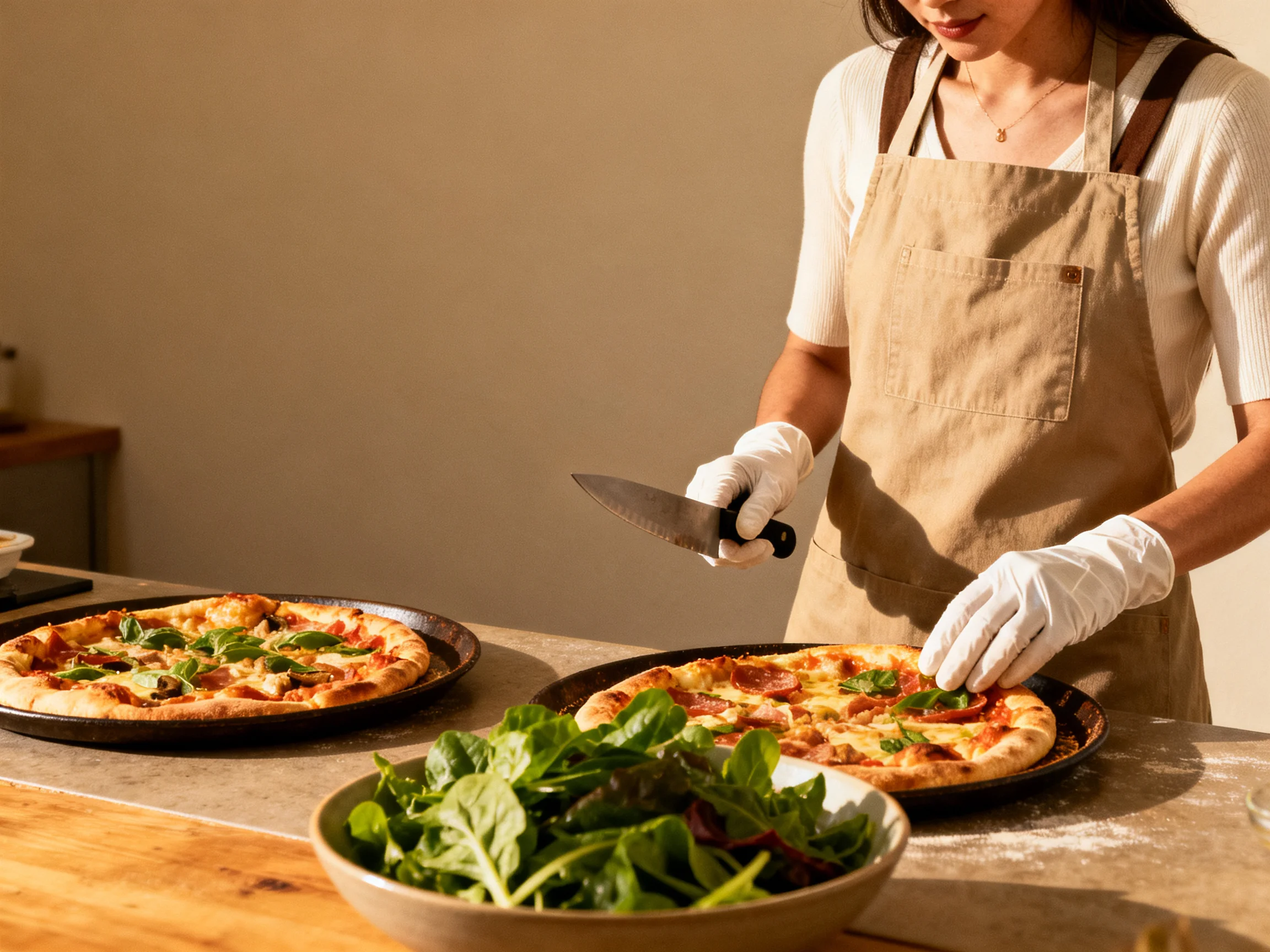 A woman in a beige apron prepares two pizzas beside fresh greens