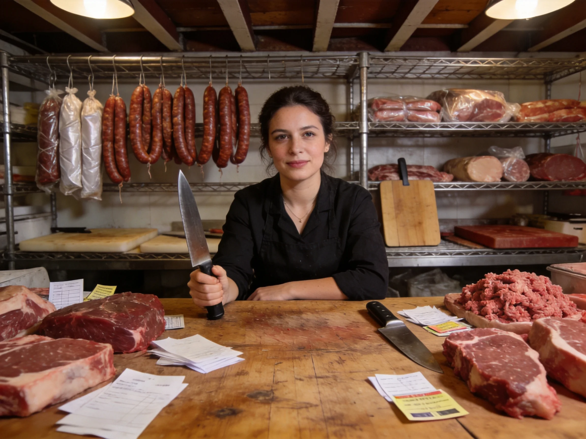 A woman in a black shirt works at a meat shop with hanging sausages and sliced meats