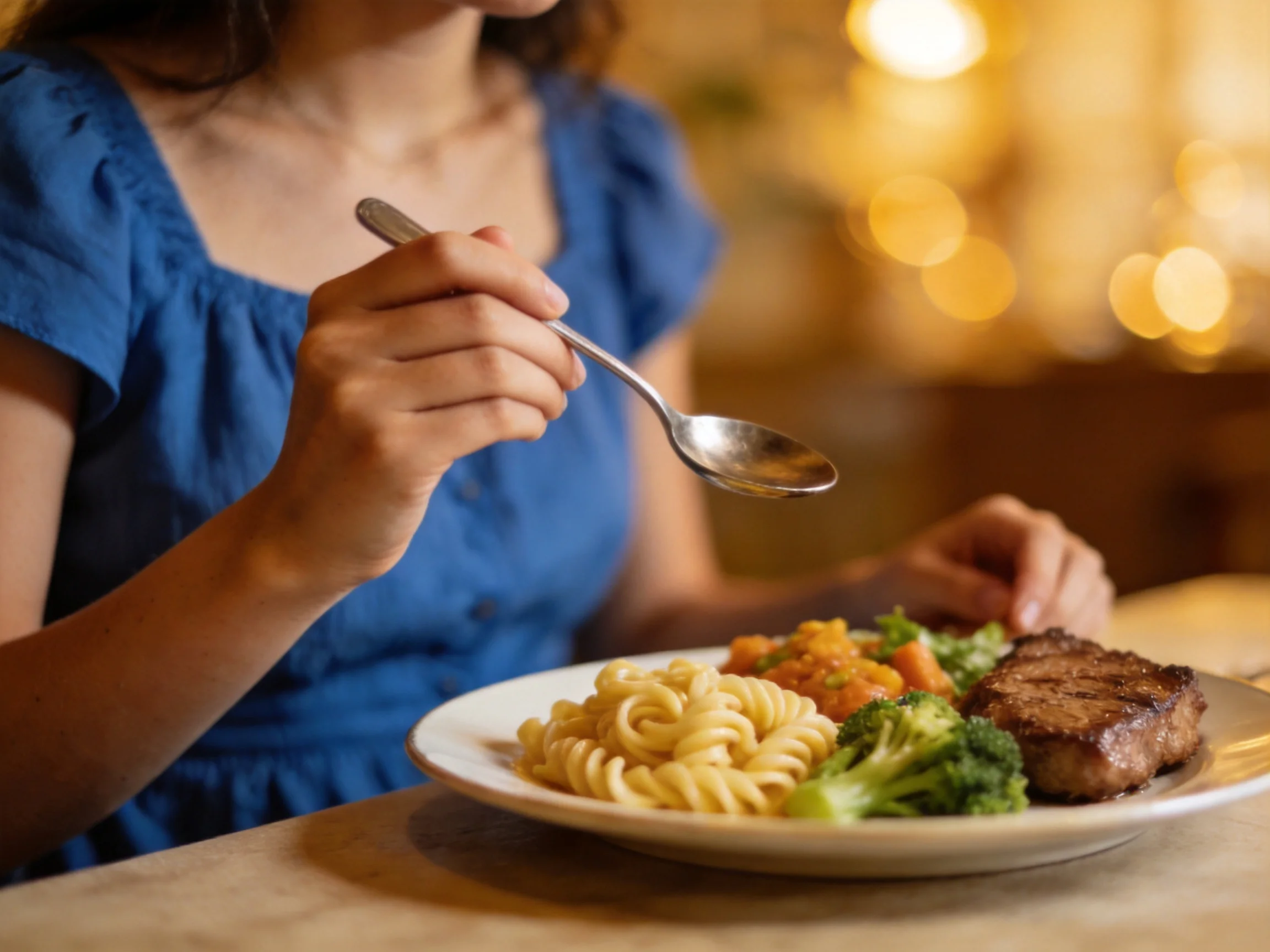 A woman in a blue dress enjoys a pasta, steak, and vegetable meal