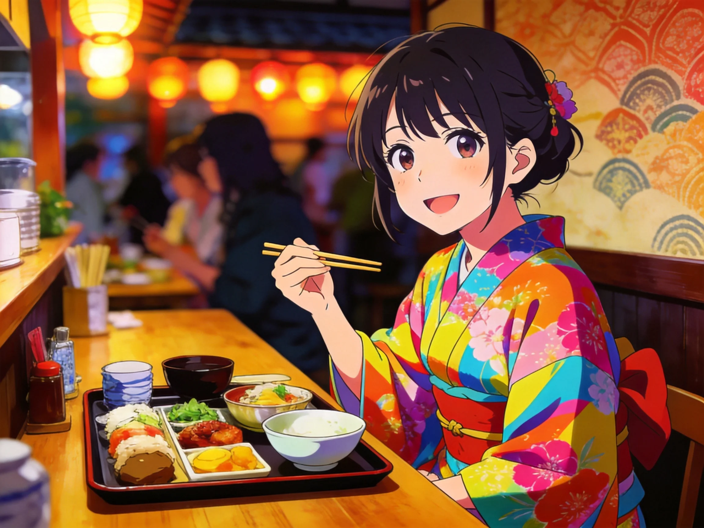 A woman in a colorful kimono enjoys a meal at a traditional restaurant