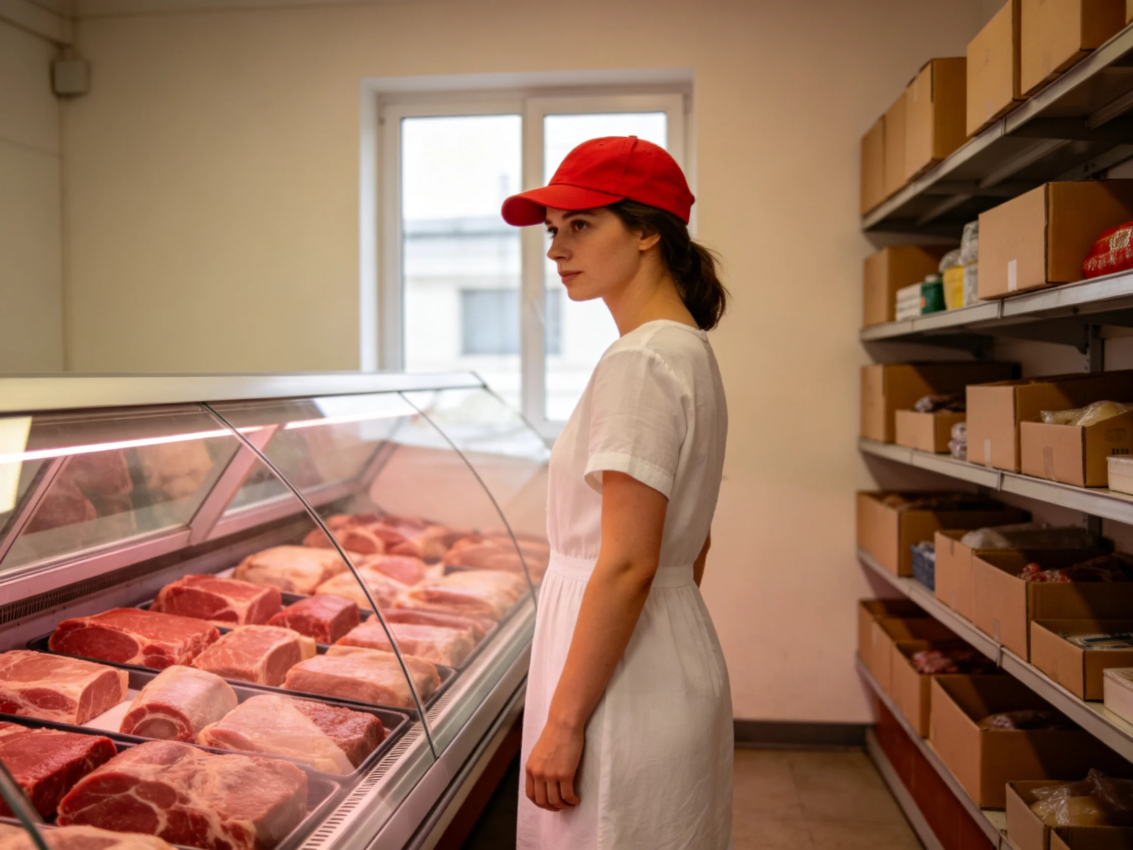 A woman in a white dress and red cap by a meat display case