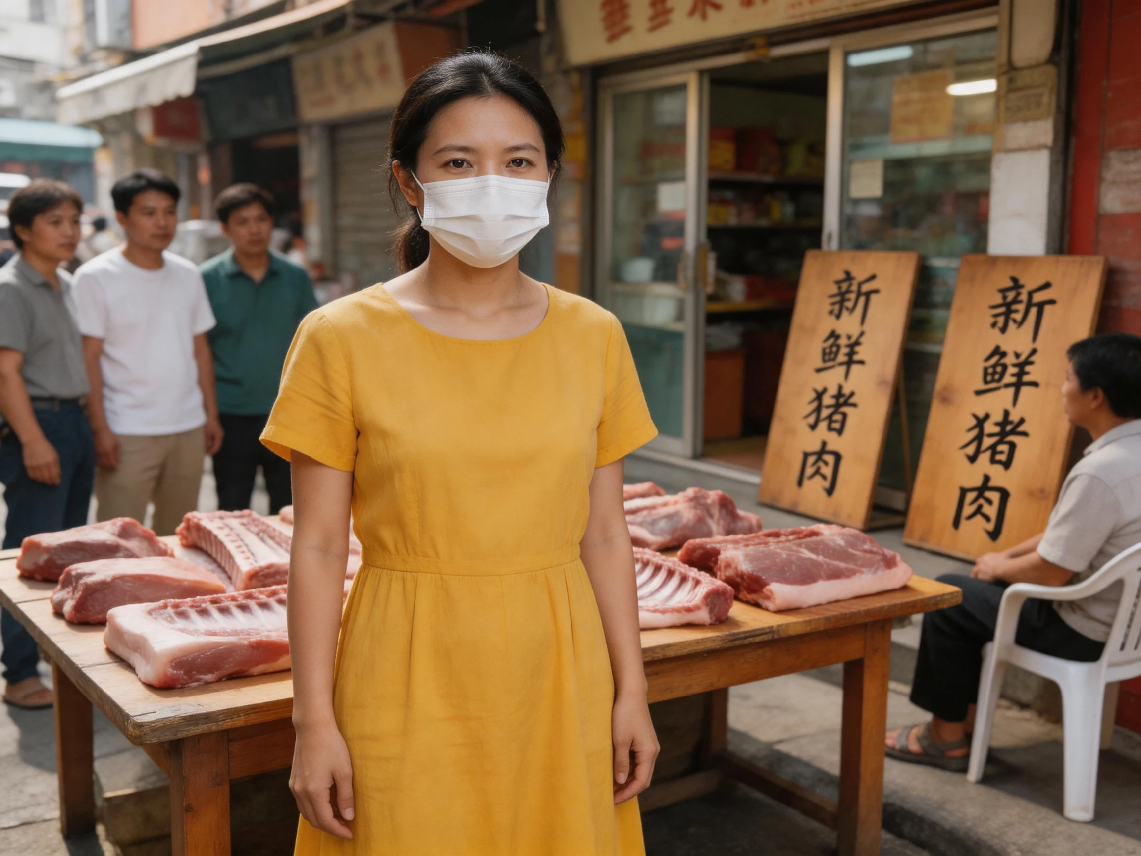 A woman in a yellow dress at a market with fresh pork