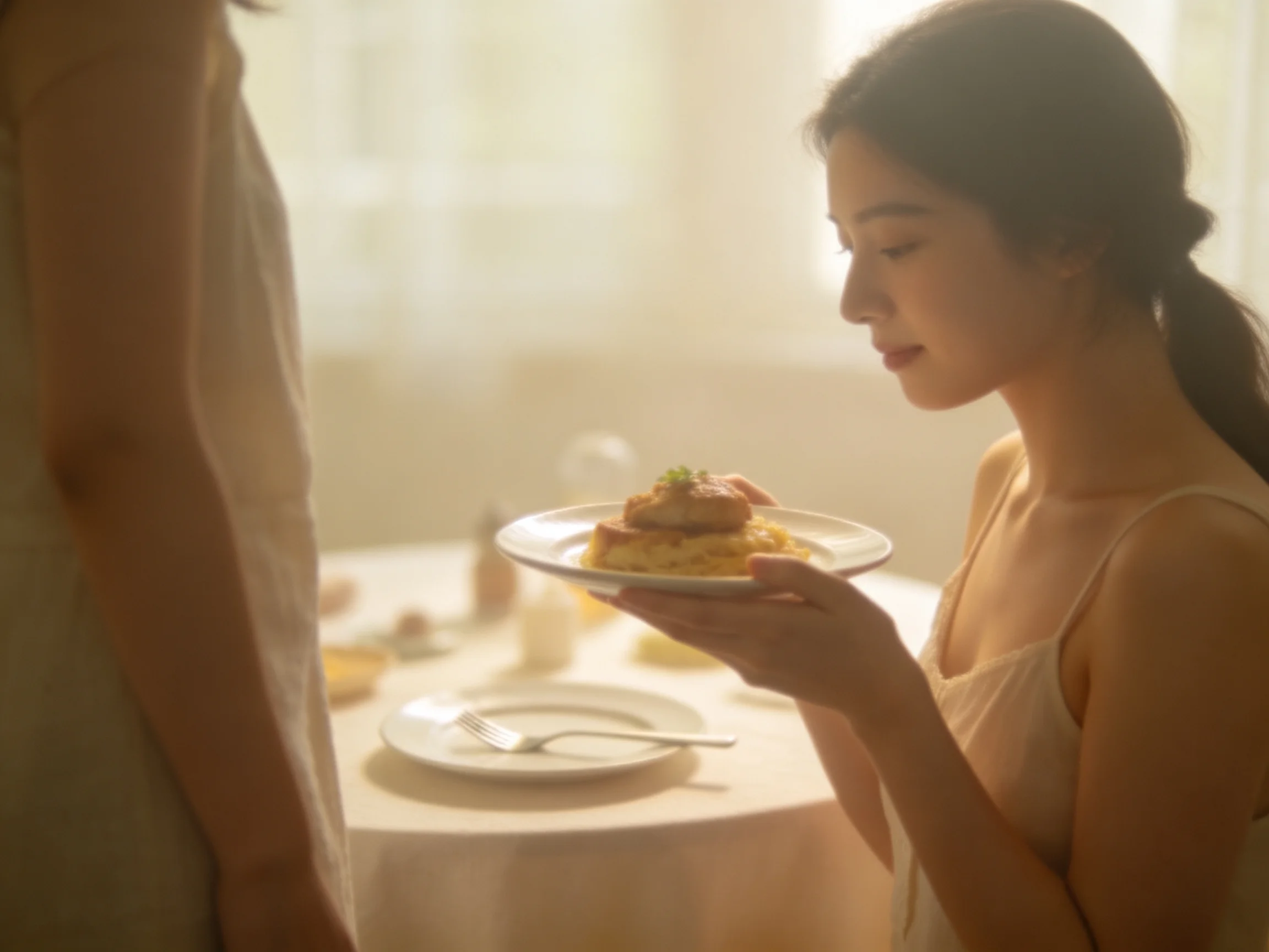 A woman presenting a plated dish in a sunlit dining space