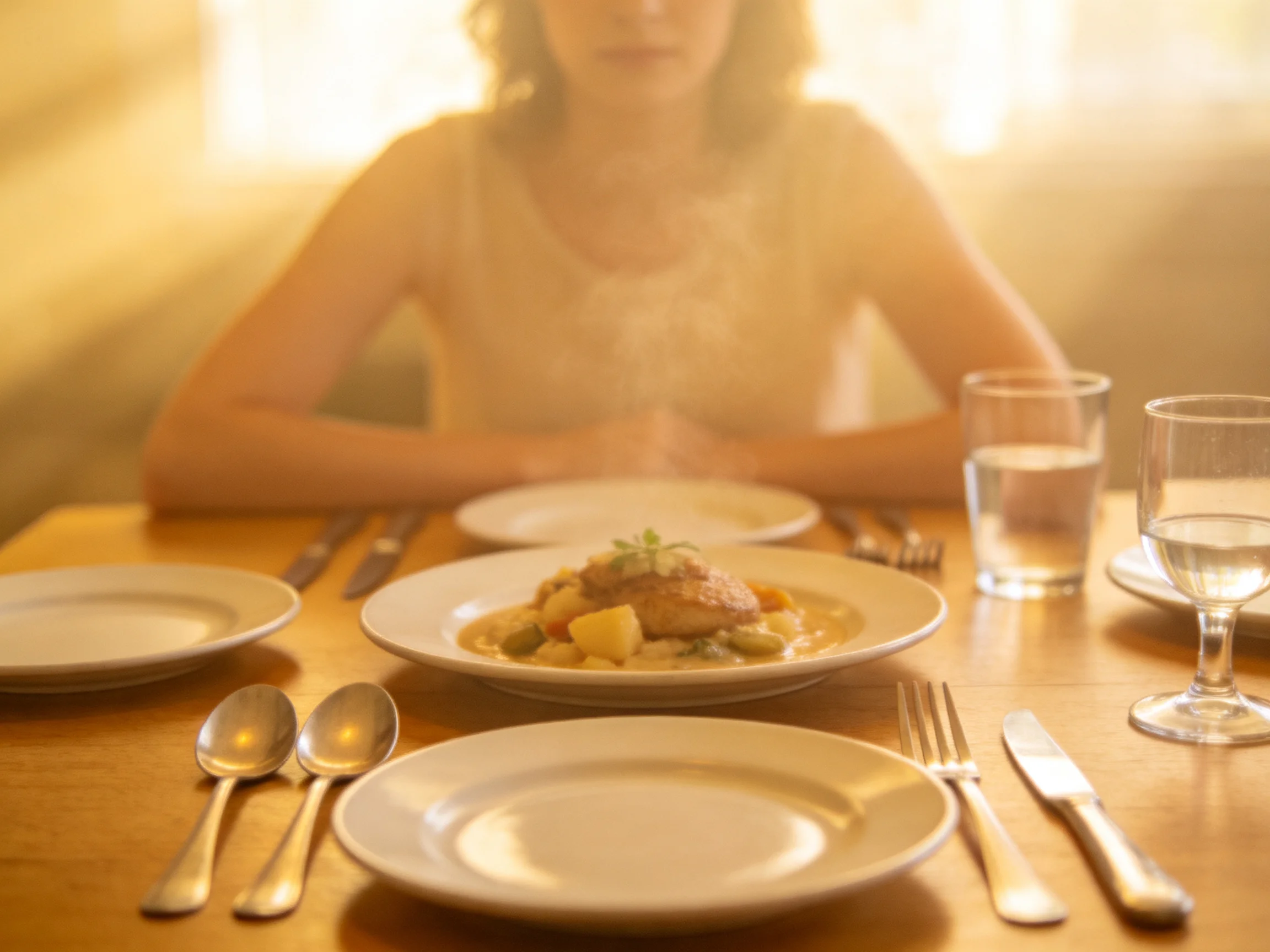 A woman sits at a wooden table with plates and steaming food