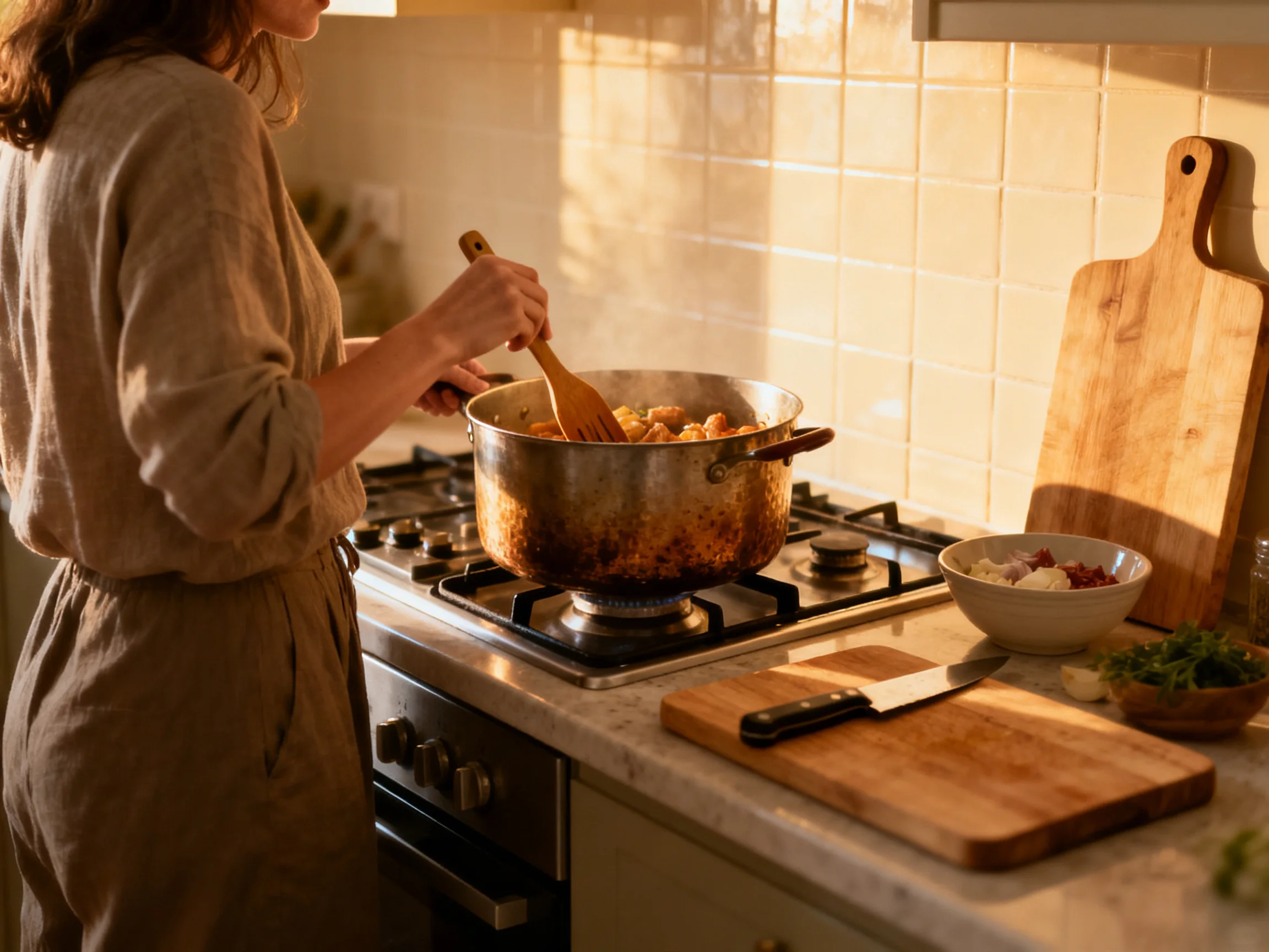 A woman stirs a large pot of food in a sunlit kitchen