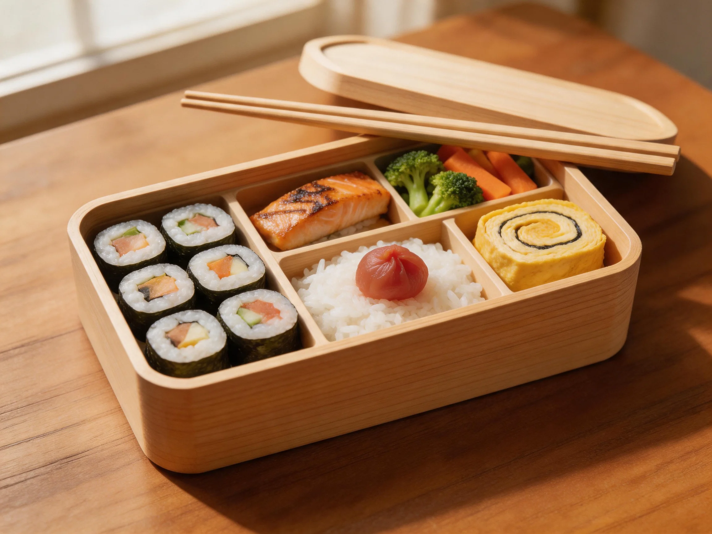 A wooden bento box with assorted Japanese foods including sushi, salmon, and vegetables