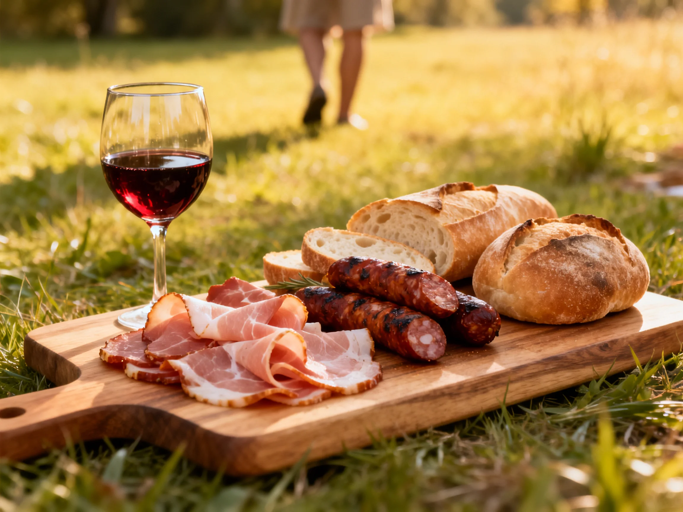 A wooden board features sliced meat, grilled sausages, bread loaves, and red wine on grass